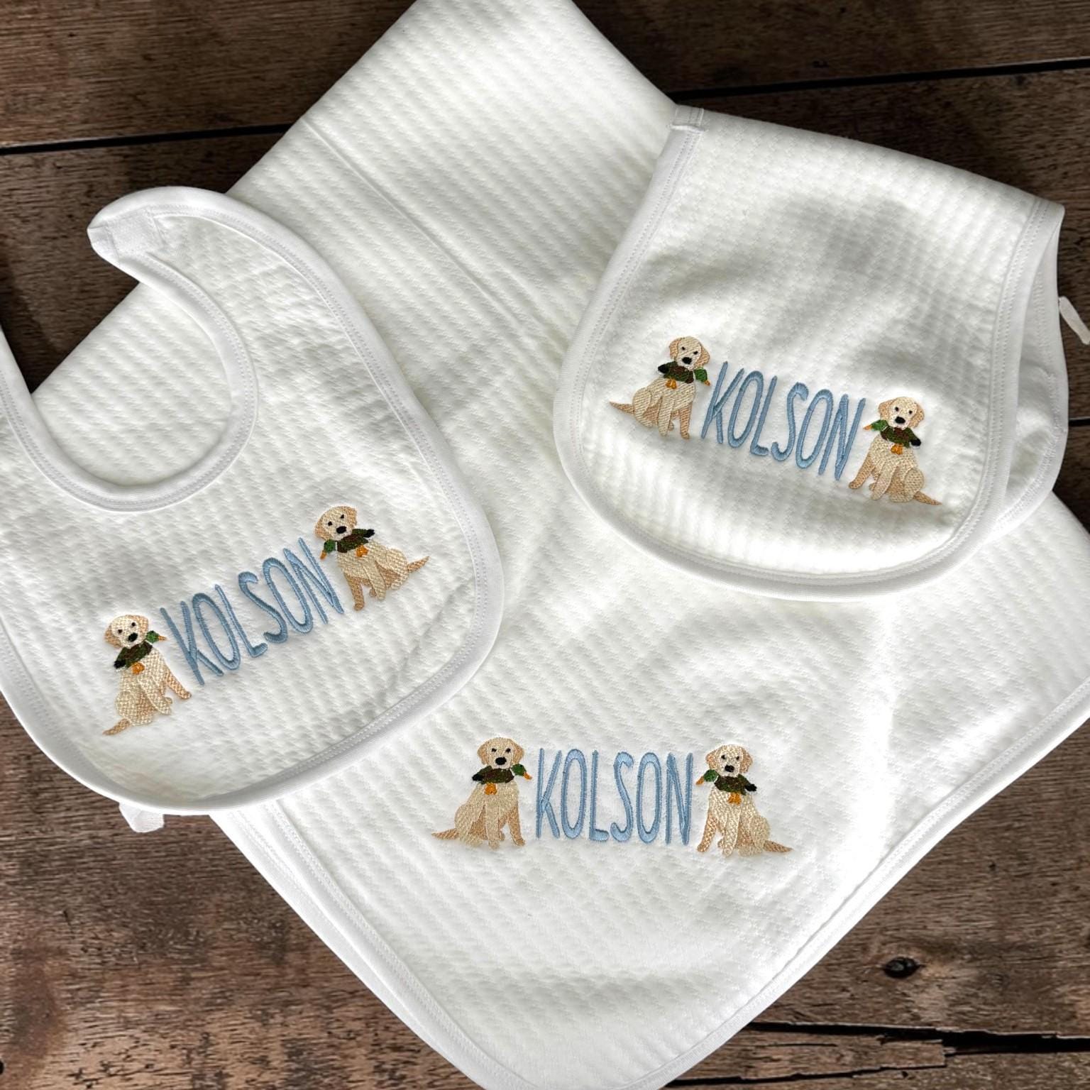 Personalized Puppy Baby Gift Set – Embroidered Jacquard Cotton Bib, Burp Cloth, Blanket