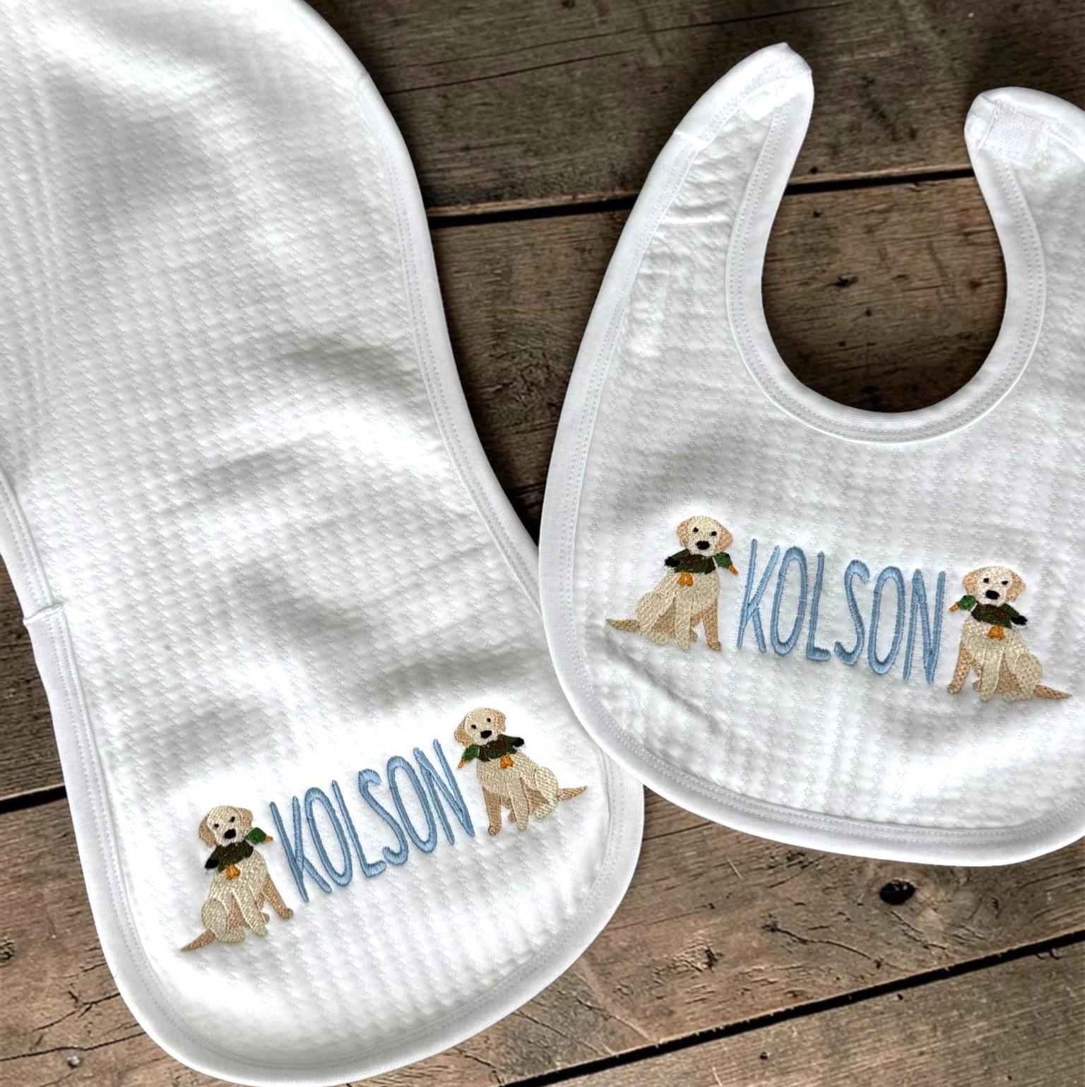 Personalized Puppy Baby Gift Set – Embroidered Jacquard Cotton Bib, Burp Cloth, Blanket
