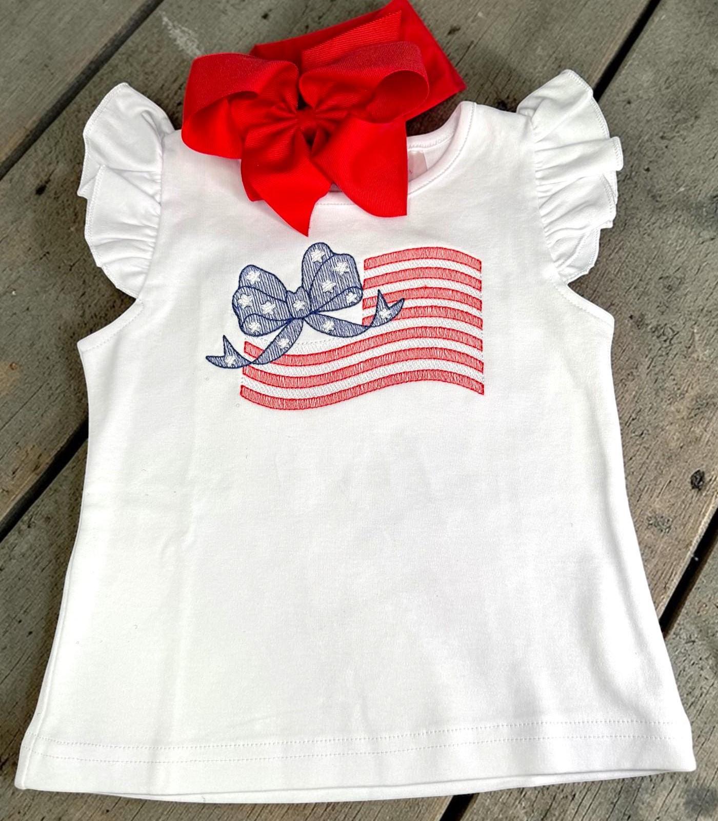 Girls Angel Sleeve Shirt | Embroidered American Flag Bow Top, Red White Blue
