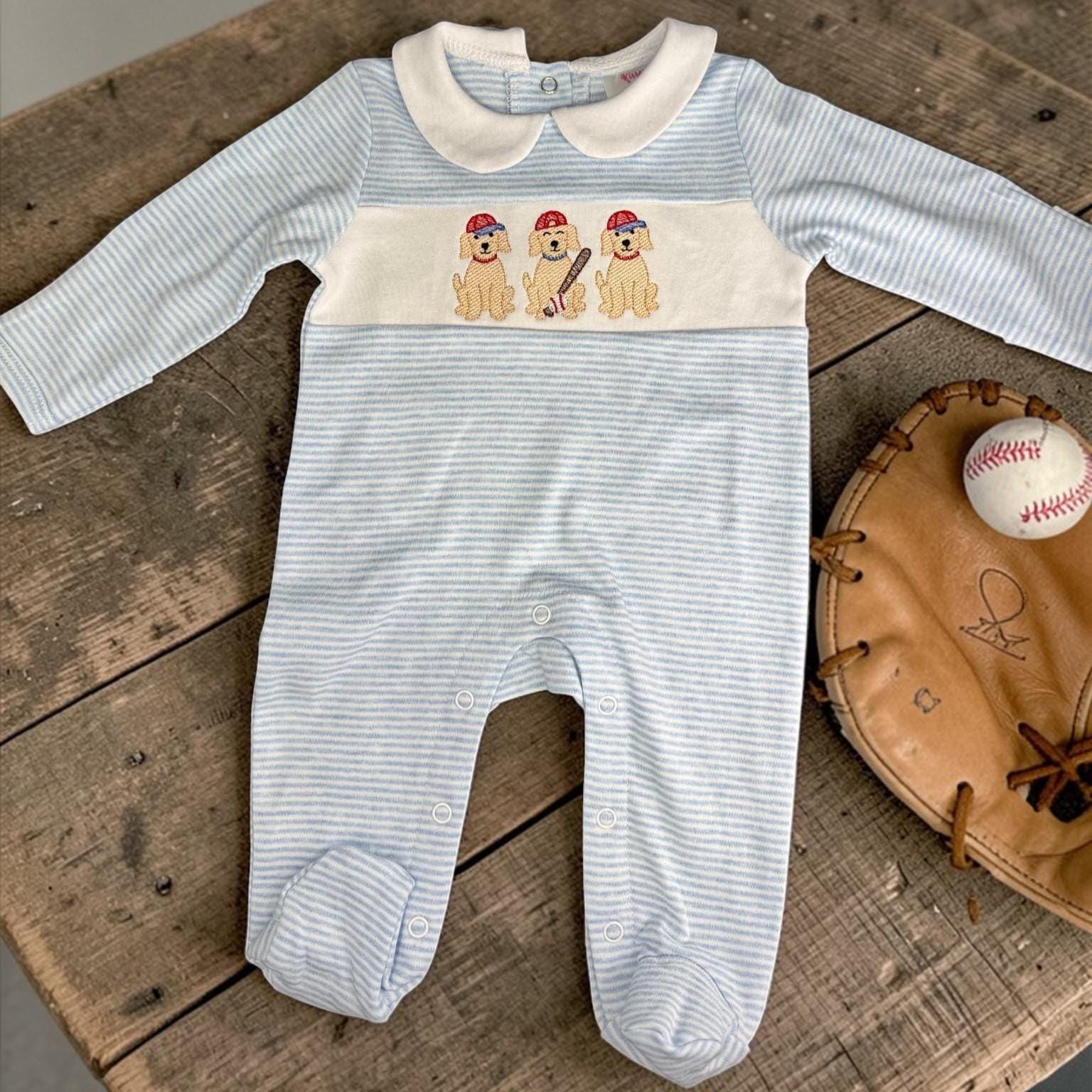 Striped Baby Boy Footie | Baseball Puppy Embroidered Outfit | Newborn Coming Home Outfit | Infant Romper