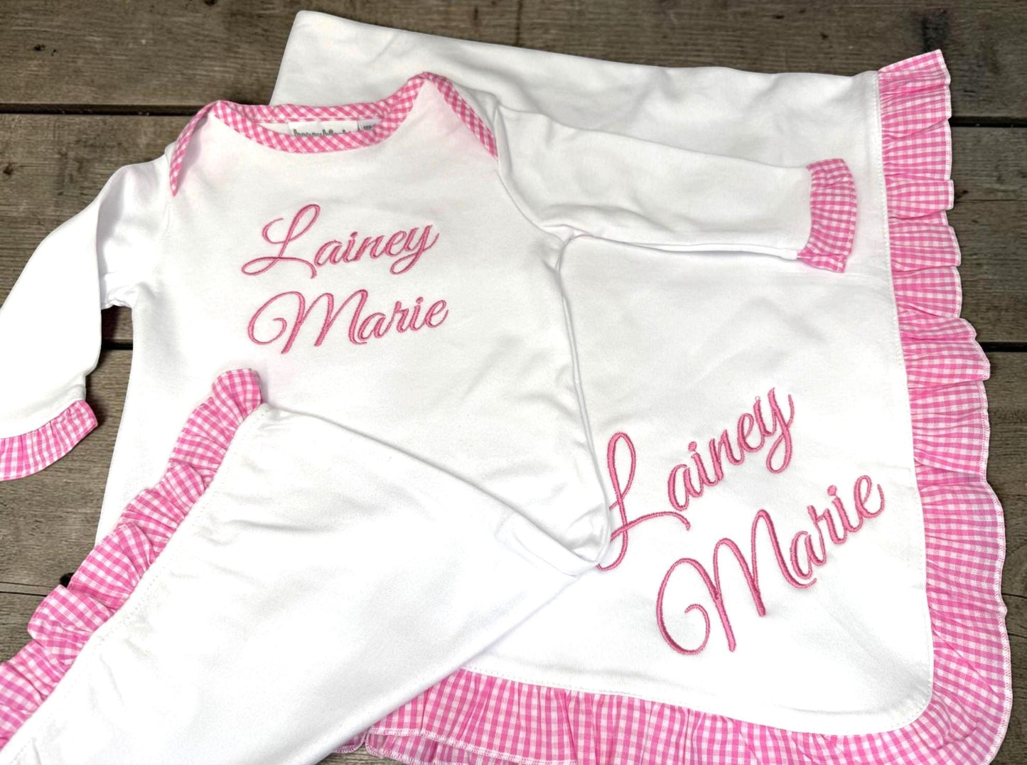 Personalized Baby Gown | Pink Gingham Ruffle Cotton Outfit (0-6 Months)