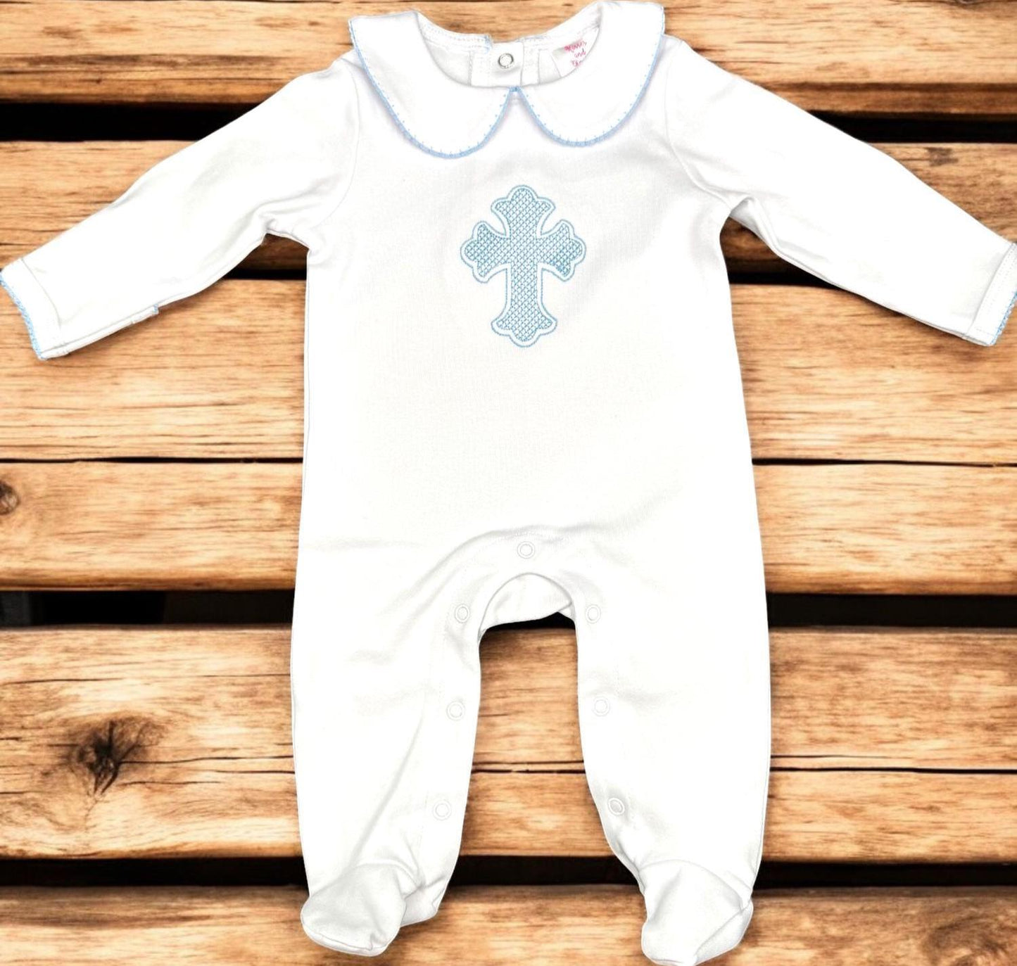 Baptism Outfit Boy, White Cotton Christening Set, Personalized Baby Blue Cross Heirloom Outfit