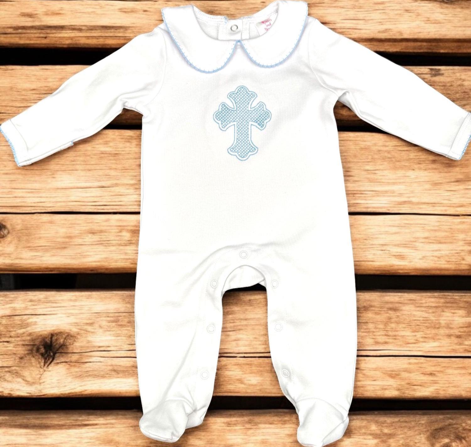 Baptism Outfit Boy, White Cotton Christening Set, Personalized Baby Blue Cross Heirloom Outfit