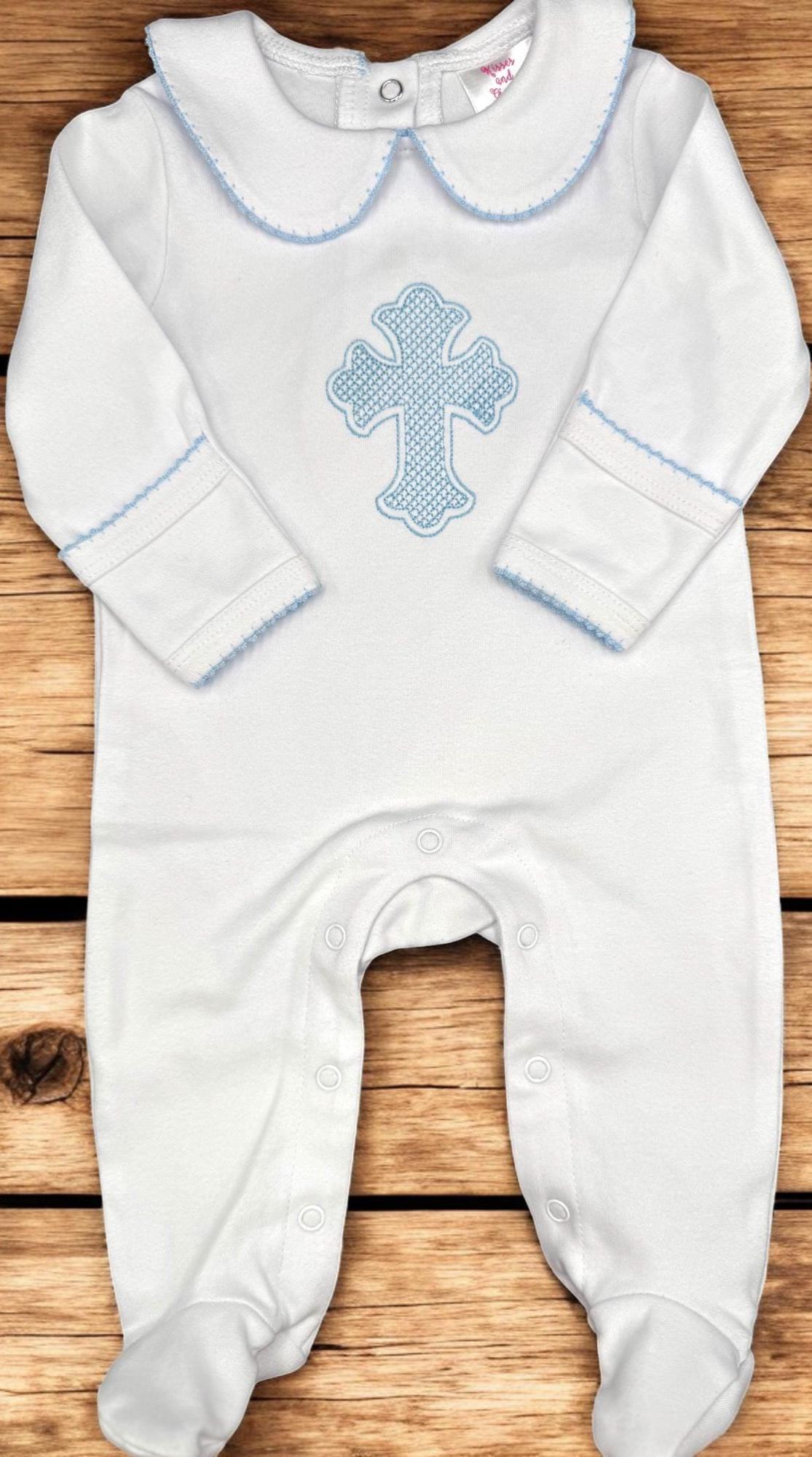 Baptism Outfit Boy, White Cotton Christening Set, Personalized Baby Blue Cross Heirloom Outfit