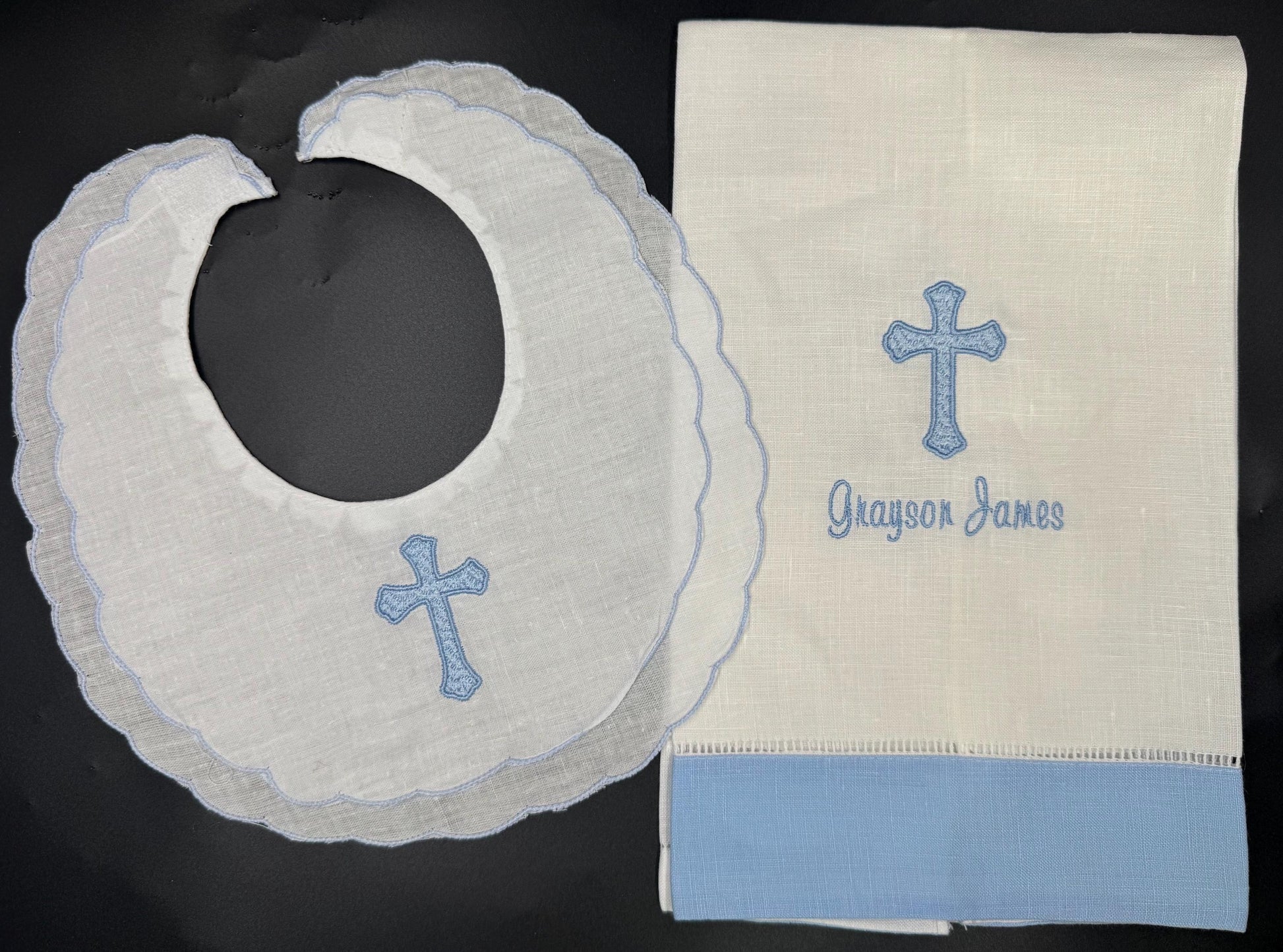 Personalized Embroidered Blue Scalloped Bib and Burp Cloth Set – Baptism Gift