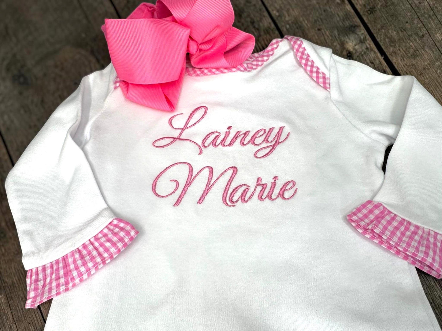 Personalized Baby Gown | Pink Gingham Ruffle Cotton Outfit (0-6 Months)