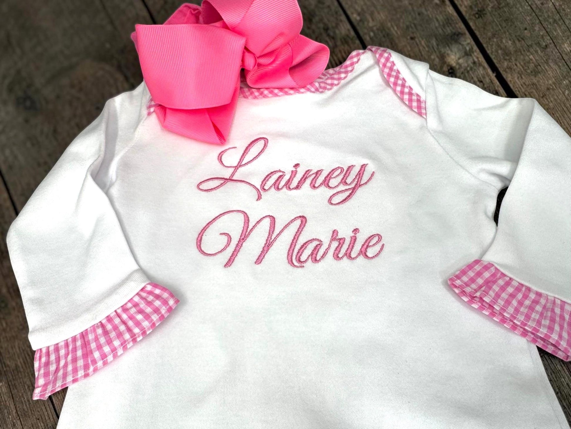 Personalized Baby Gown | Pink Gingham Ruffle Cotton Outfit (0-6 Months)