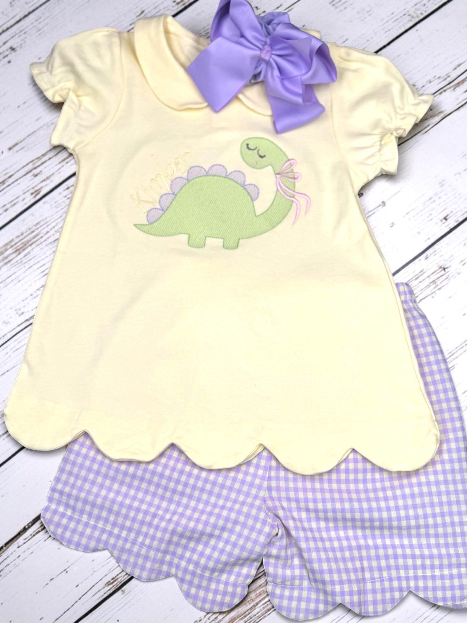 Personalized Dinosaur Girl Outfit, Scalloped Shirt, Gingham Shorts Set