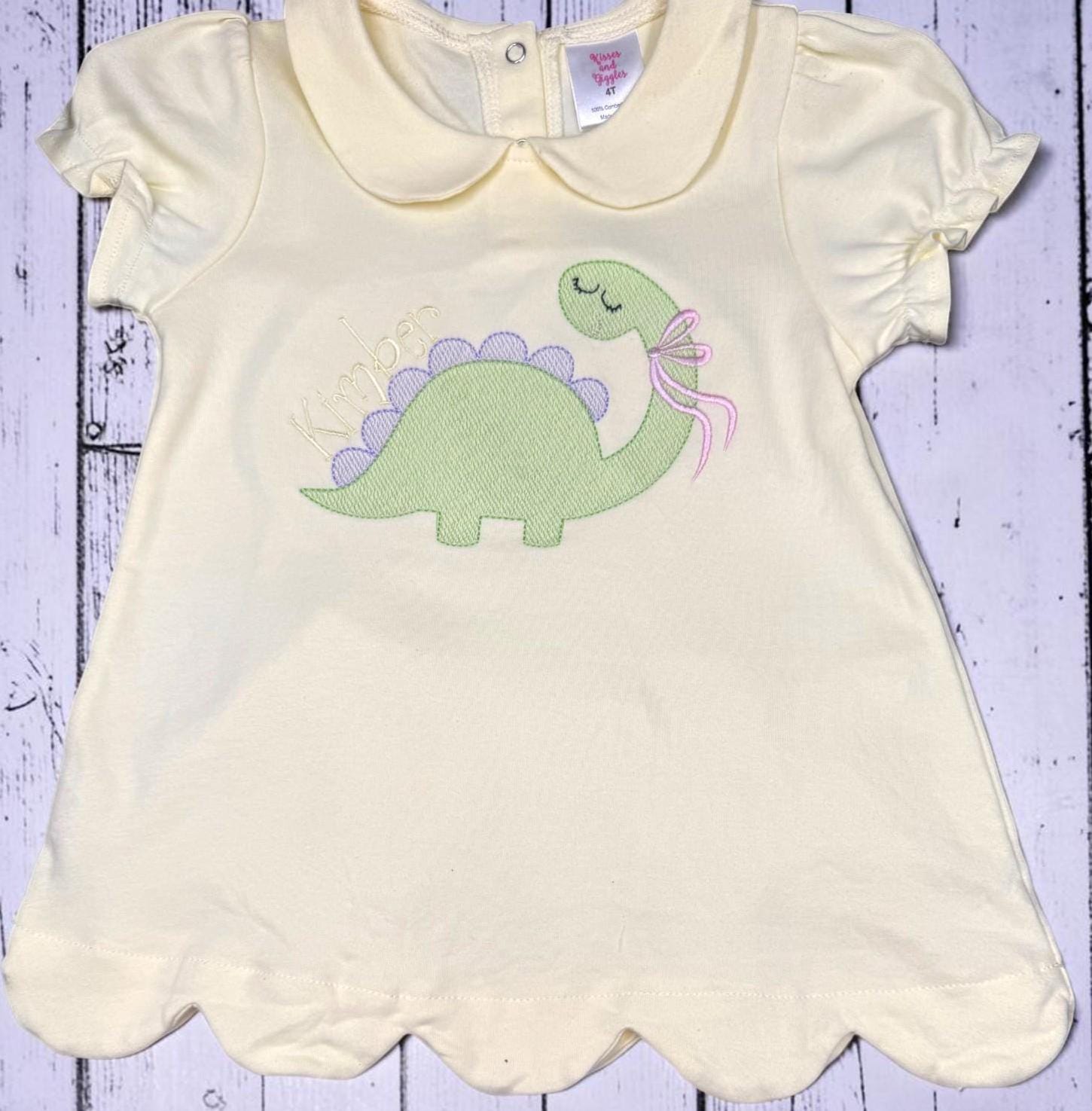 Personalized Dinosaur Girl Outfit, Scalloped Shirt, Gingham Shorts Set