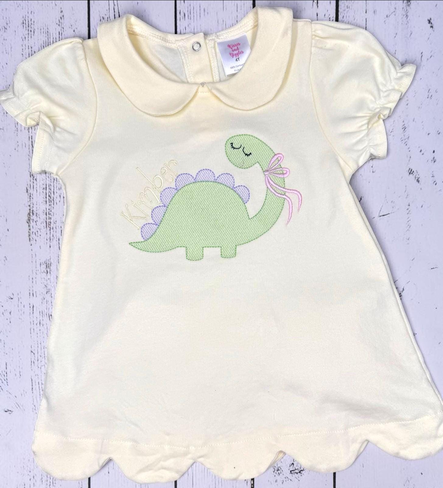 Personalized Dinosaur Girl Outfit, Scalloped Shirt, Gingham Shorts Set