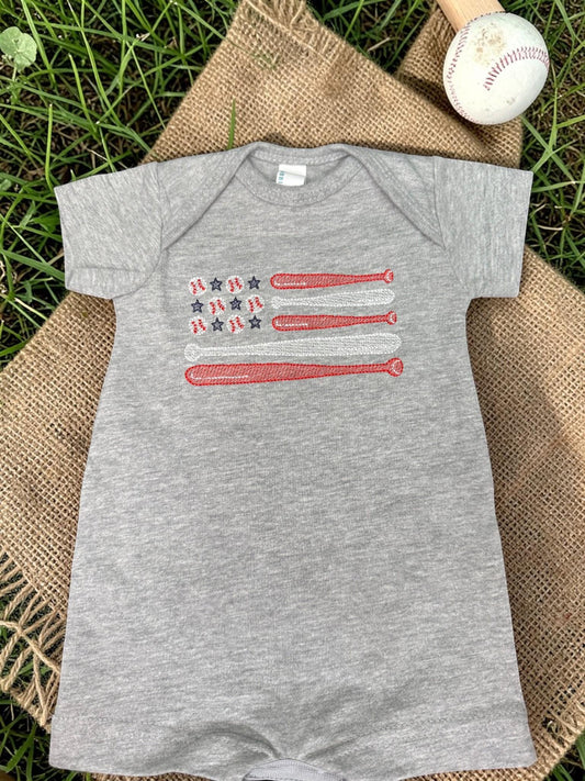 Embroidered Baseball Flag Romper | Patriotic Americana Baby Outfit