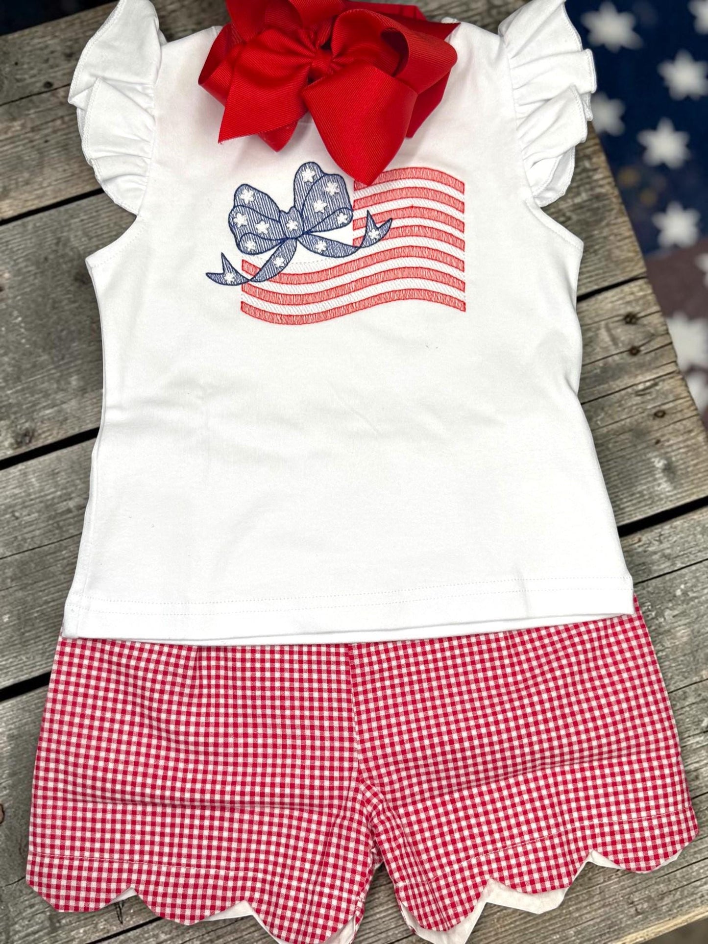 Patriotic Girl Outfit | Embroidered Flag Bow Shirt, Red Gingham Shorts