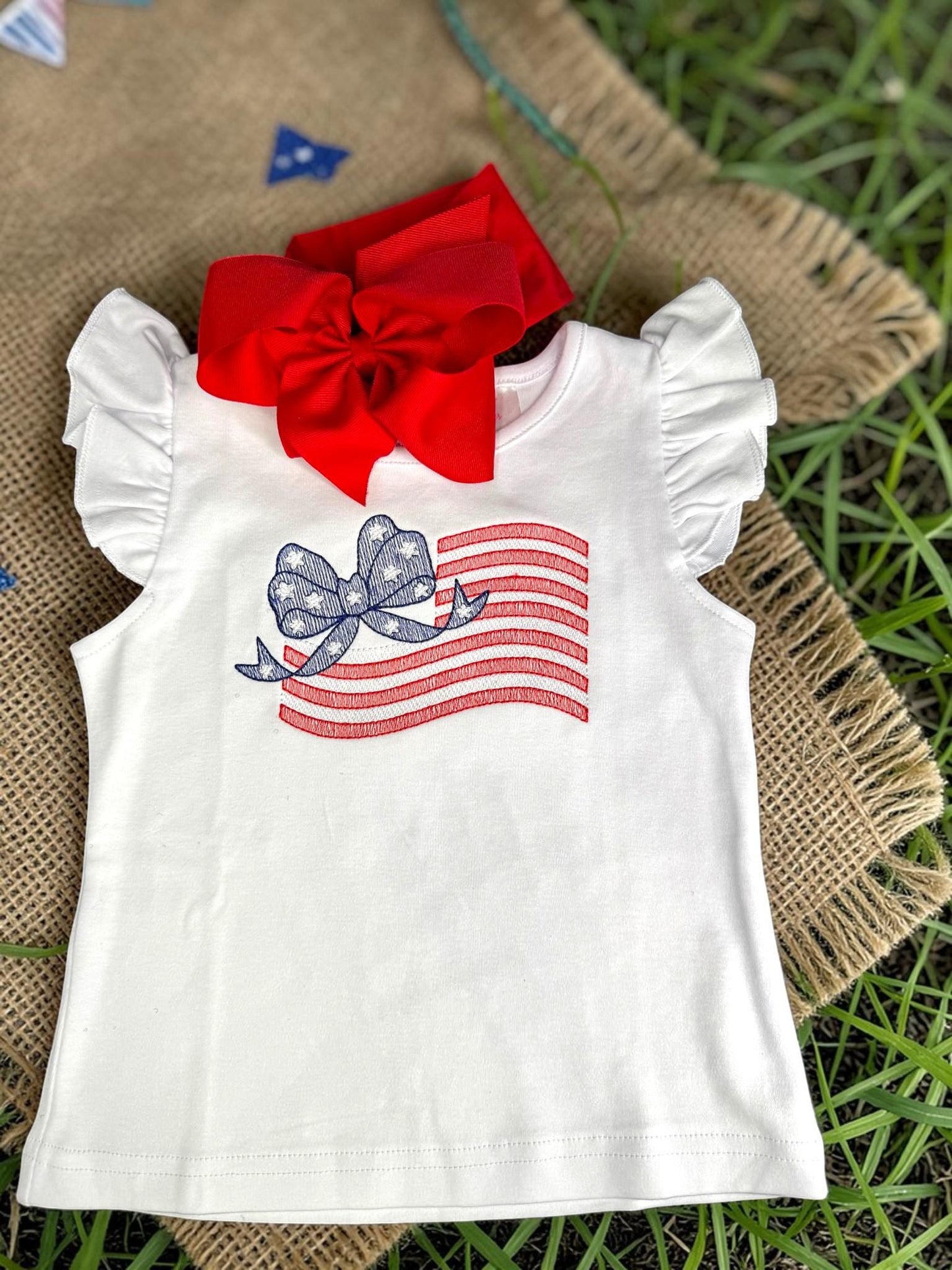 Patriotic Girl Outfit | Embroidered Flag Bow Shirt, Red Gingham Shorts