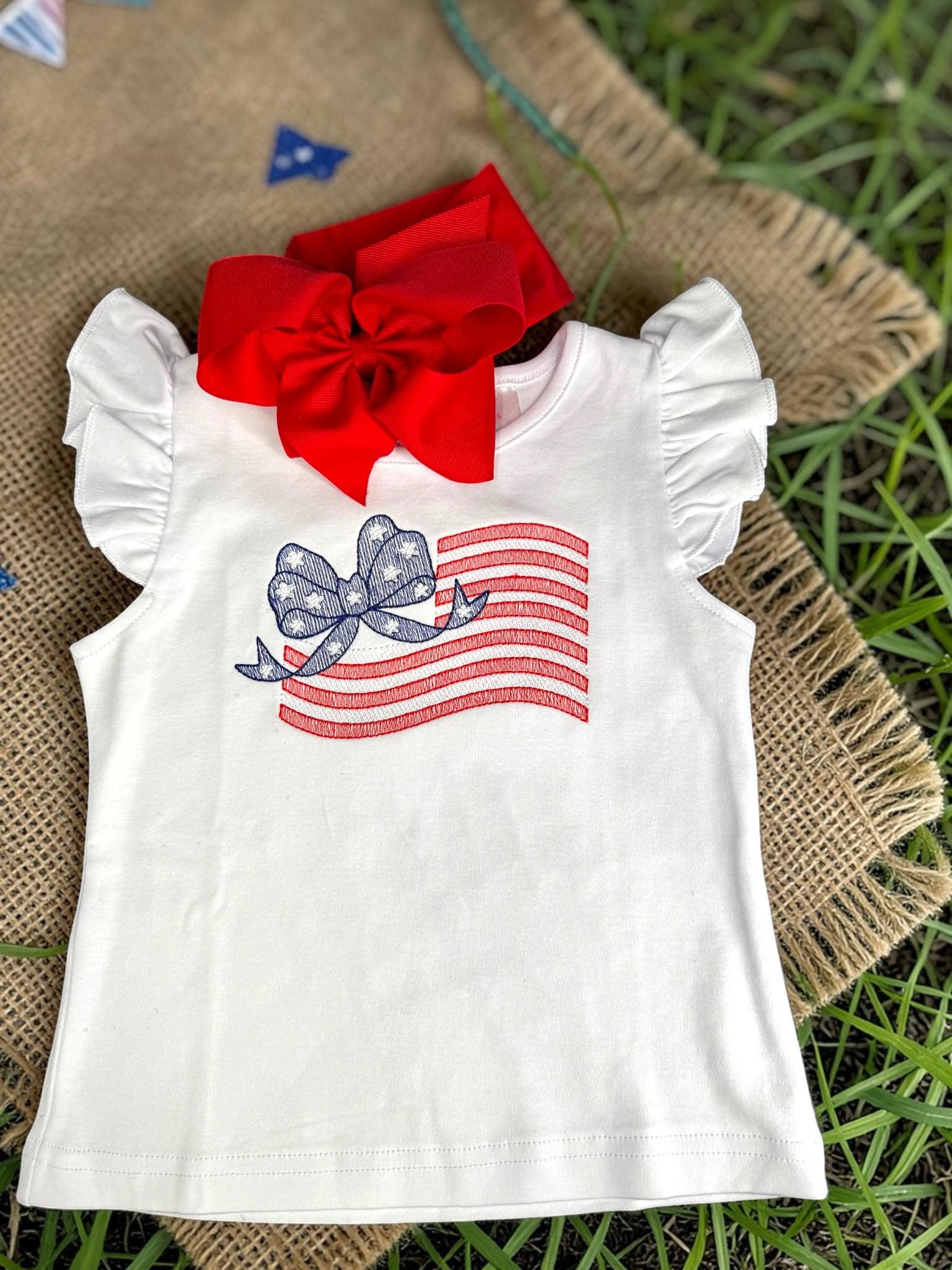 Patriotic Girl Outfit | Embroidered Flag Bow Shirt, Red Gingham Shorts