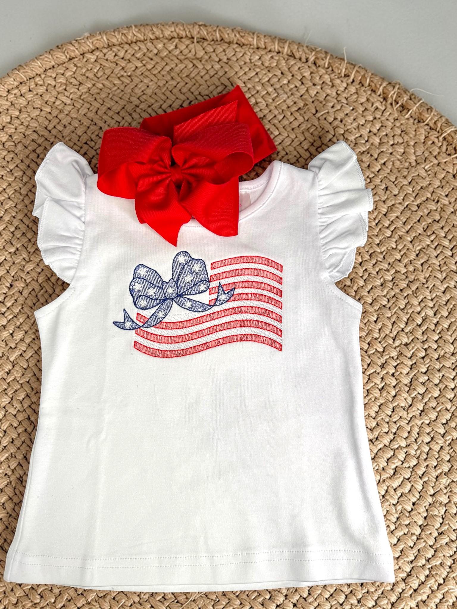 Patriotic Girl Outfit | Embroidered Flag Bow Shirt, Red Gingham Shorts