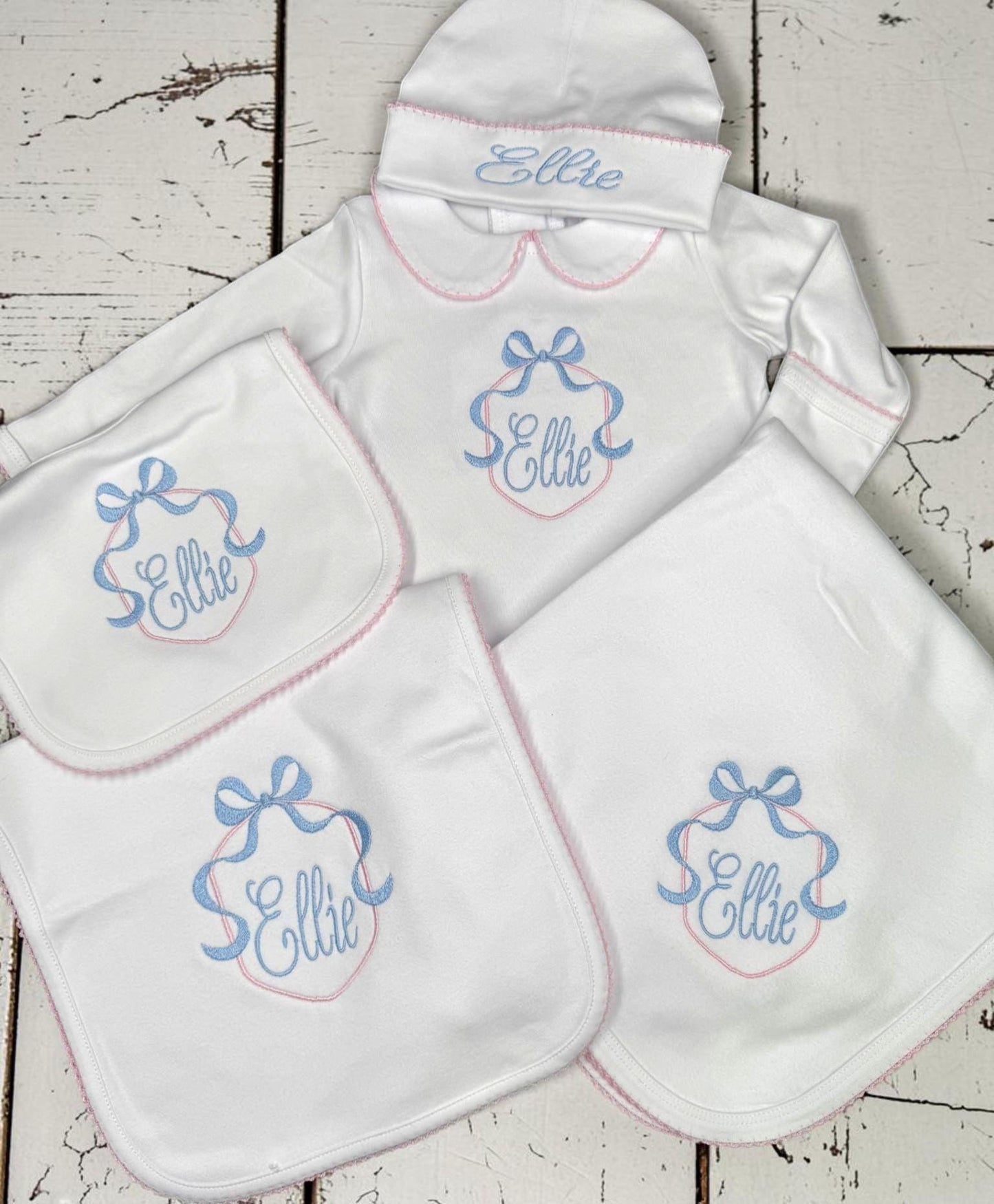 Personalized Pima Cotton Baby Girl Set, Monogram Footie, Bib, Blanket