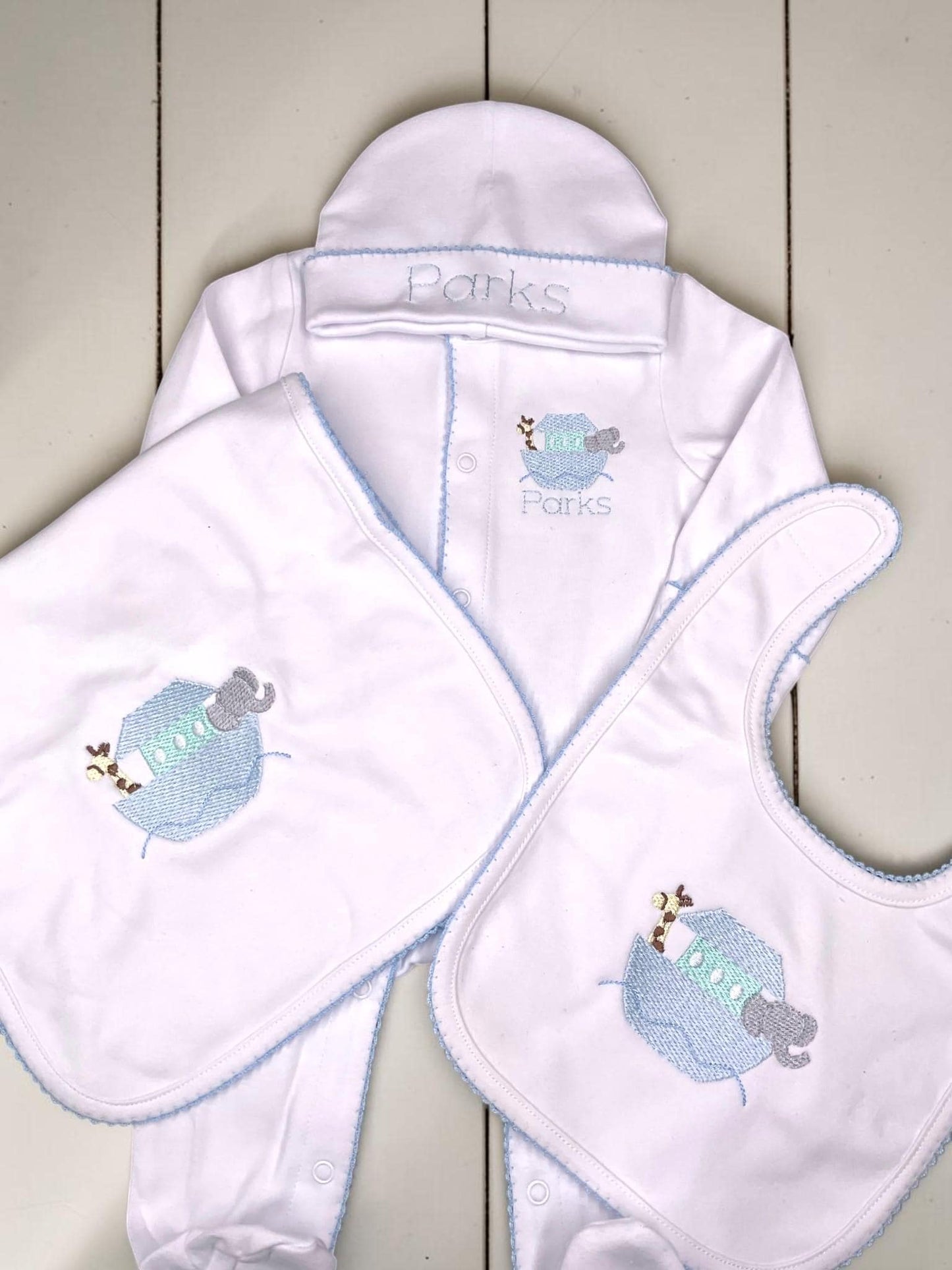 Personalized Noah’s Ark Baby Gift Set | Footie Bib Burp Cloth Hat Blanket | Newborn Gift Set | Baby Shower Gift