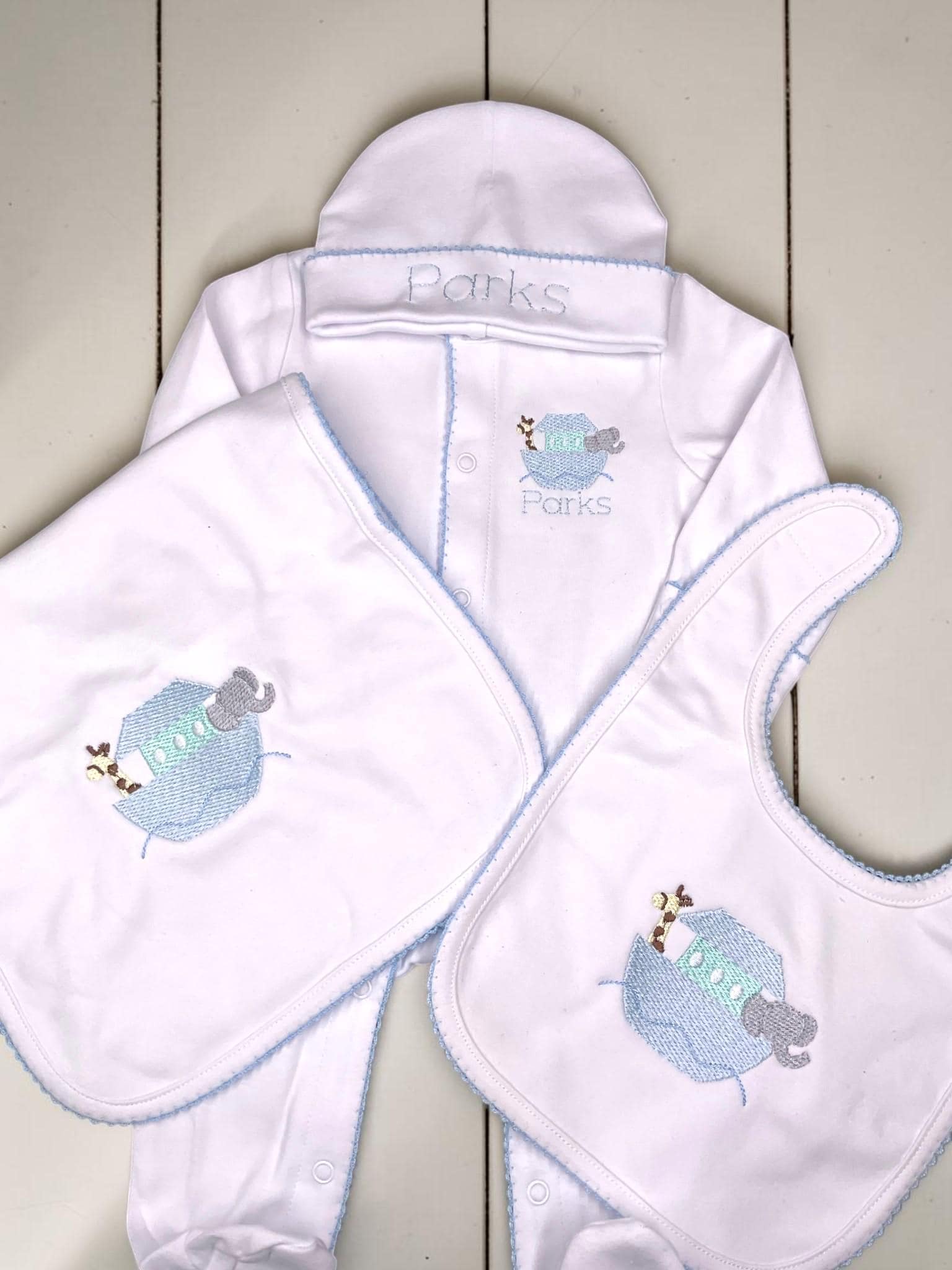 Personalized Noah’s Ark Baby Gift Set | Footie Bib Burp Cloth Hat Blanket | Newborn Gift Set | Baby Shower Gift