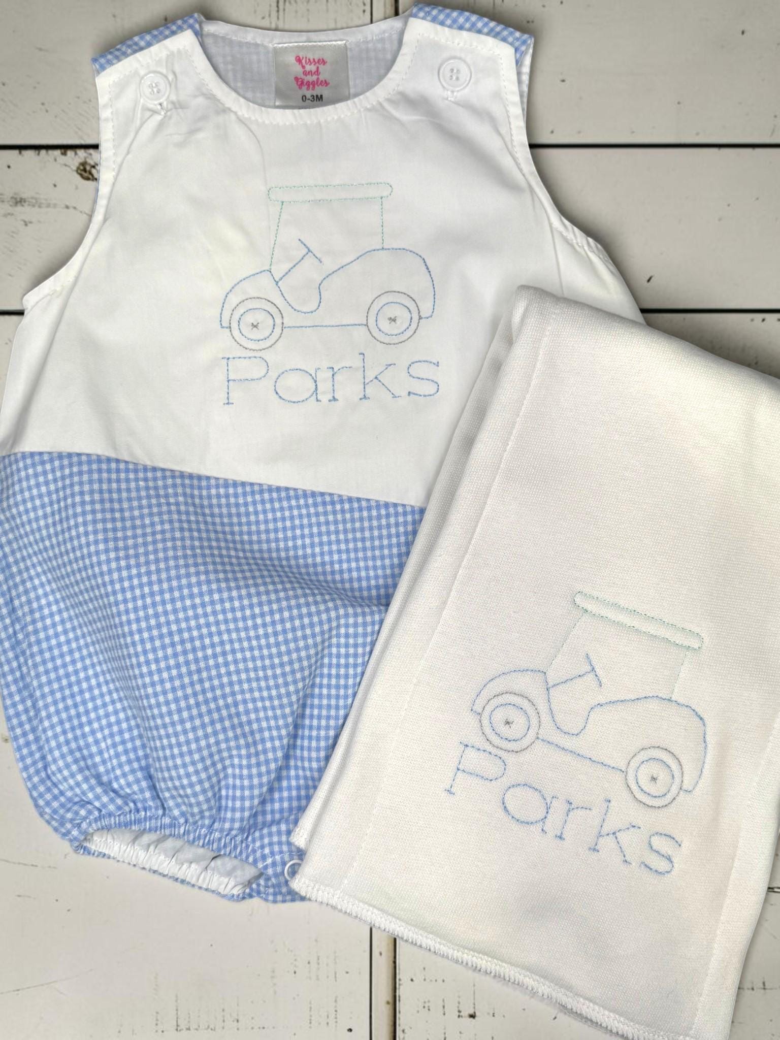 Personalized Golf Cart Baby Boy Bubble Romper | Blue Gingham Summer Outfit