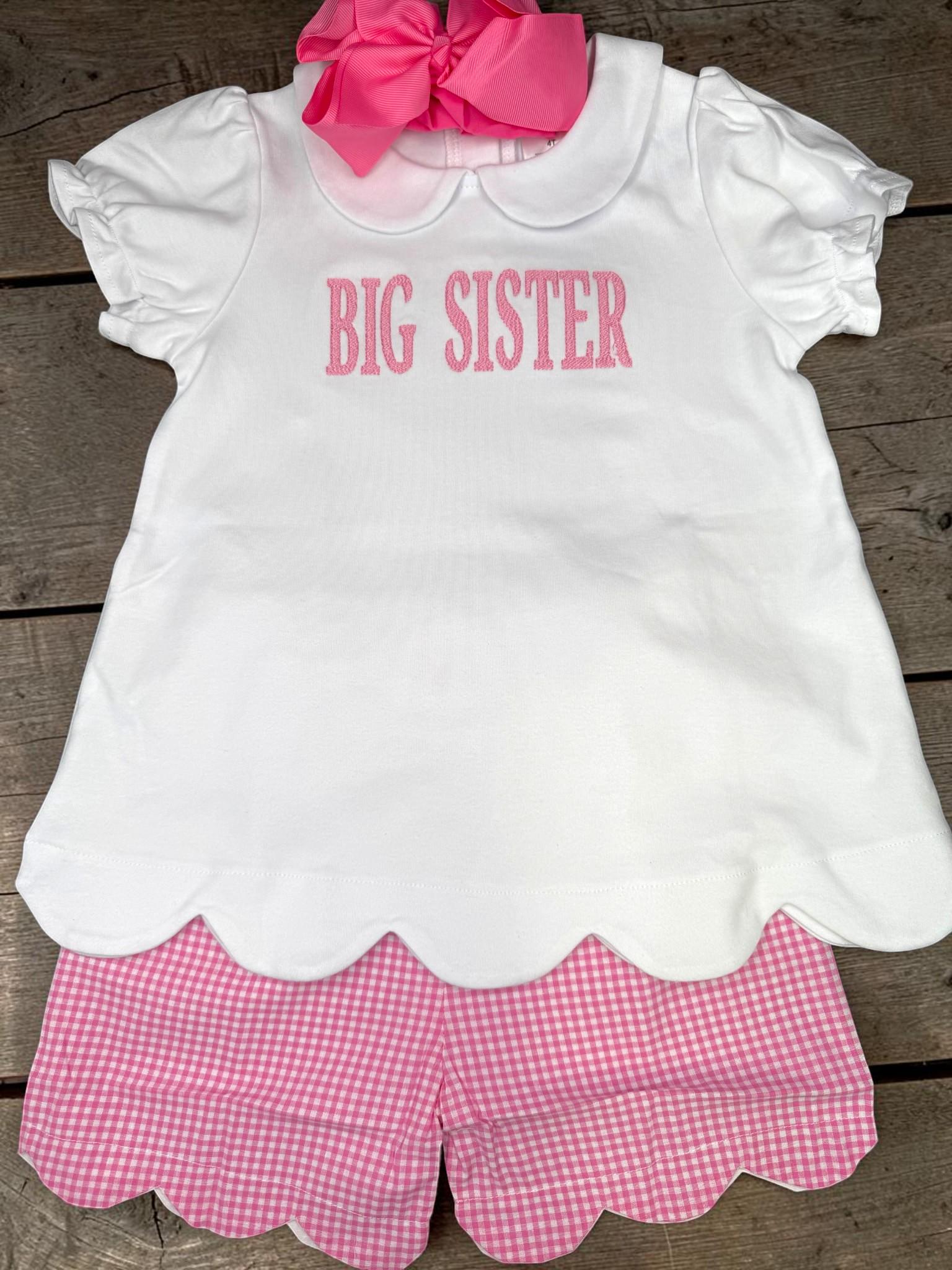 Pink Gingham Scallop Shorts Set | Big Sister Embroidered Top