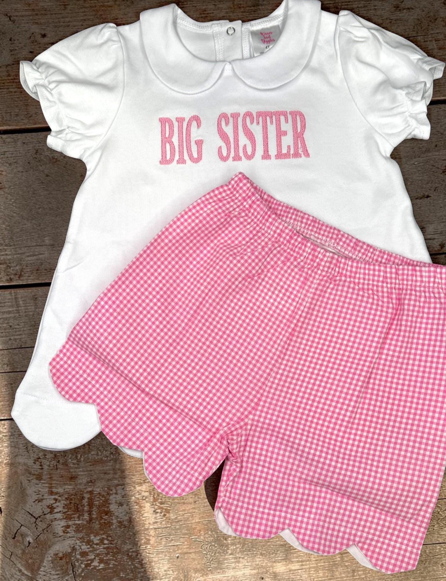 Pink Gingham Scallop Shorts Set | Big Sister Embroidered Top