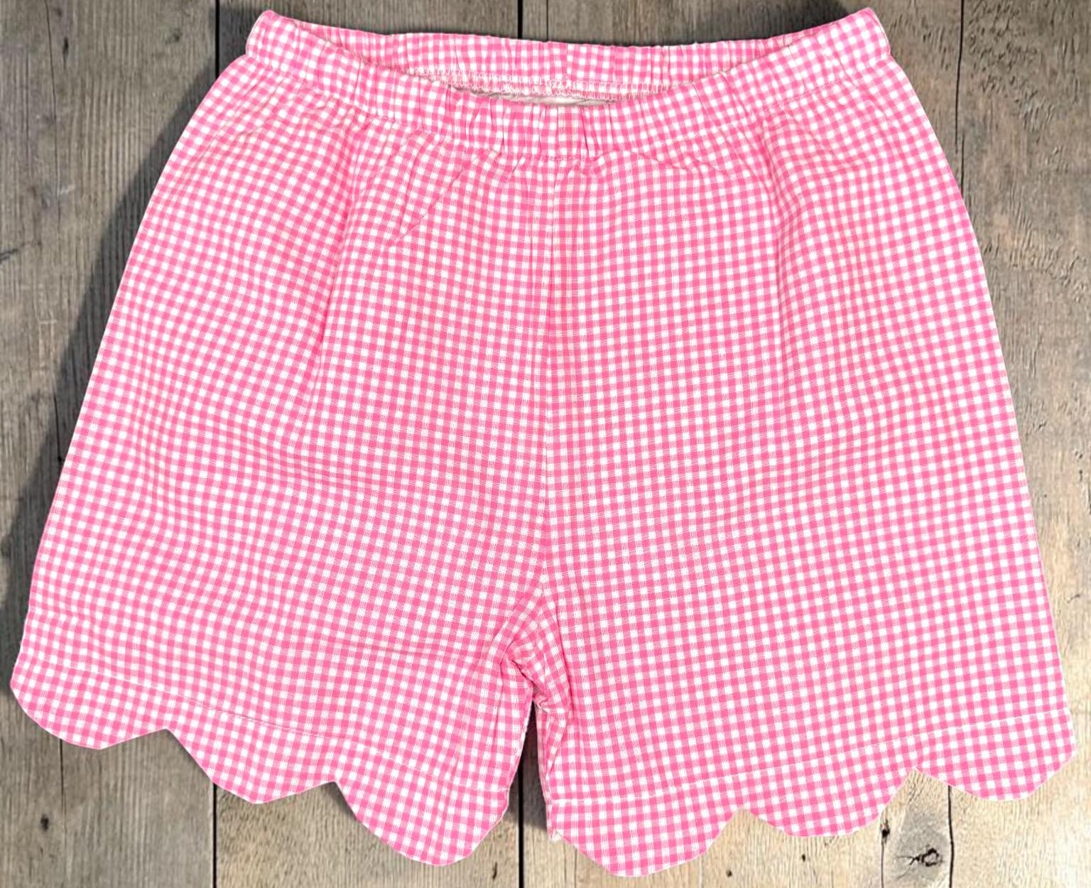 Pink Gingham Scallop Shorts Set | Big Sister Embroidered Top