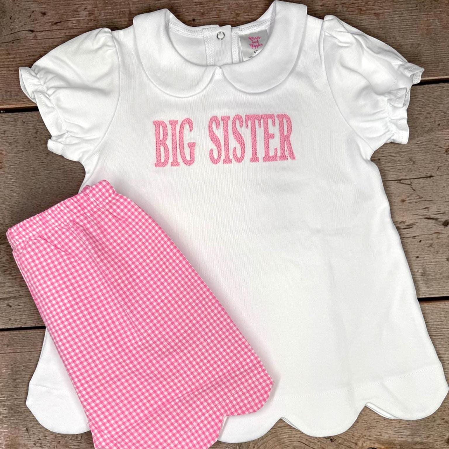 Pink Gingham Scallop Shorts Set | Big Sister Embroidered Top