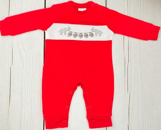 Embroidered Elephant Football Romper: Red Cotton Baby Game Day Outfit