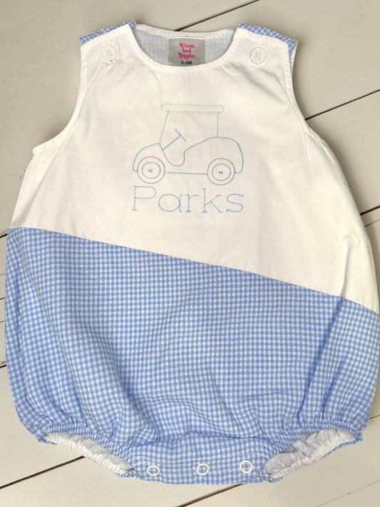 Personalized Golf Cart Baby Boy Bubble Romper | Blue Gingham Summer Outfit