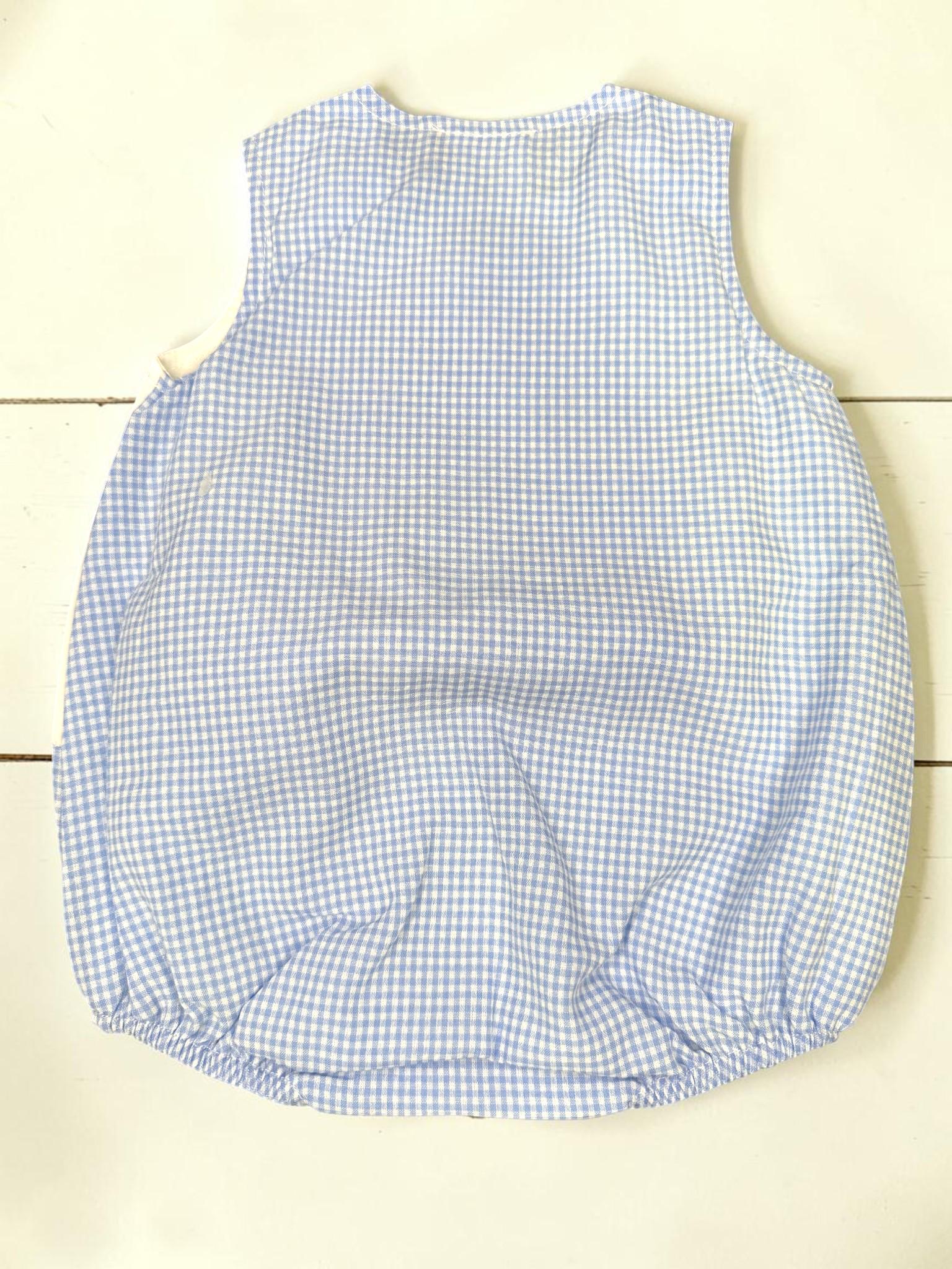 Personalized Golf Cart Baby Boy Bubble Romper | Blue Gingham Summer Outfit