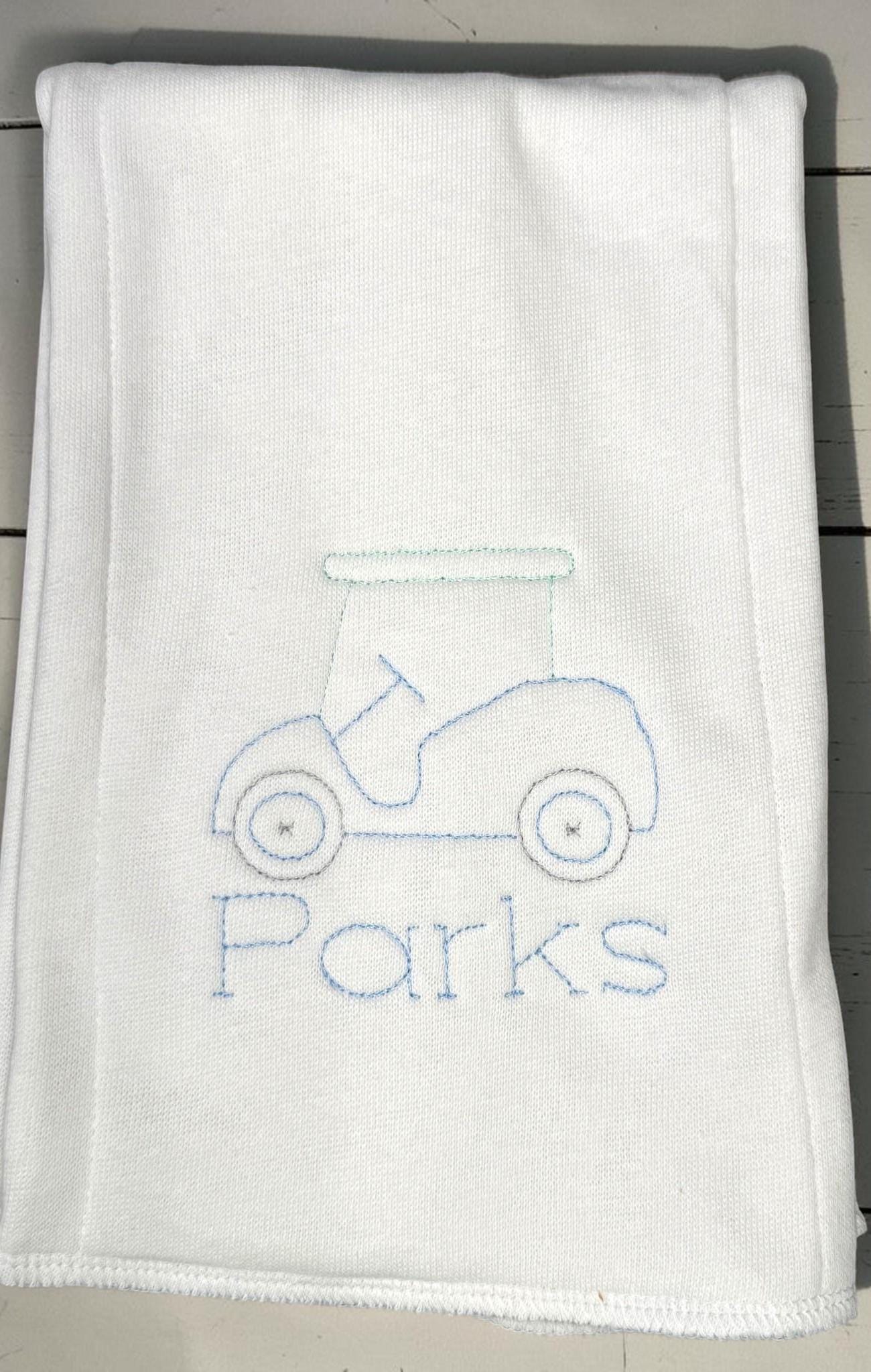 Personalized Golf Cart Baby Boy Bubble Romper | Blue Gingham Summer Outfit