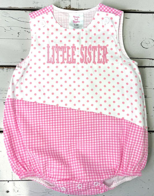 Embroidered Little Sister Bubble Romper | Pink Gingham Polka Dot Baby Girl Outfit