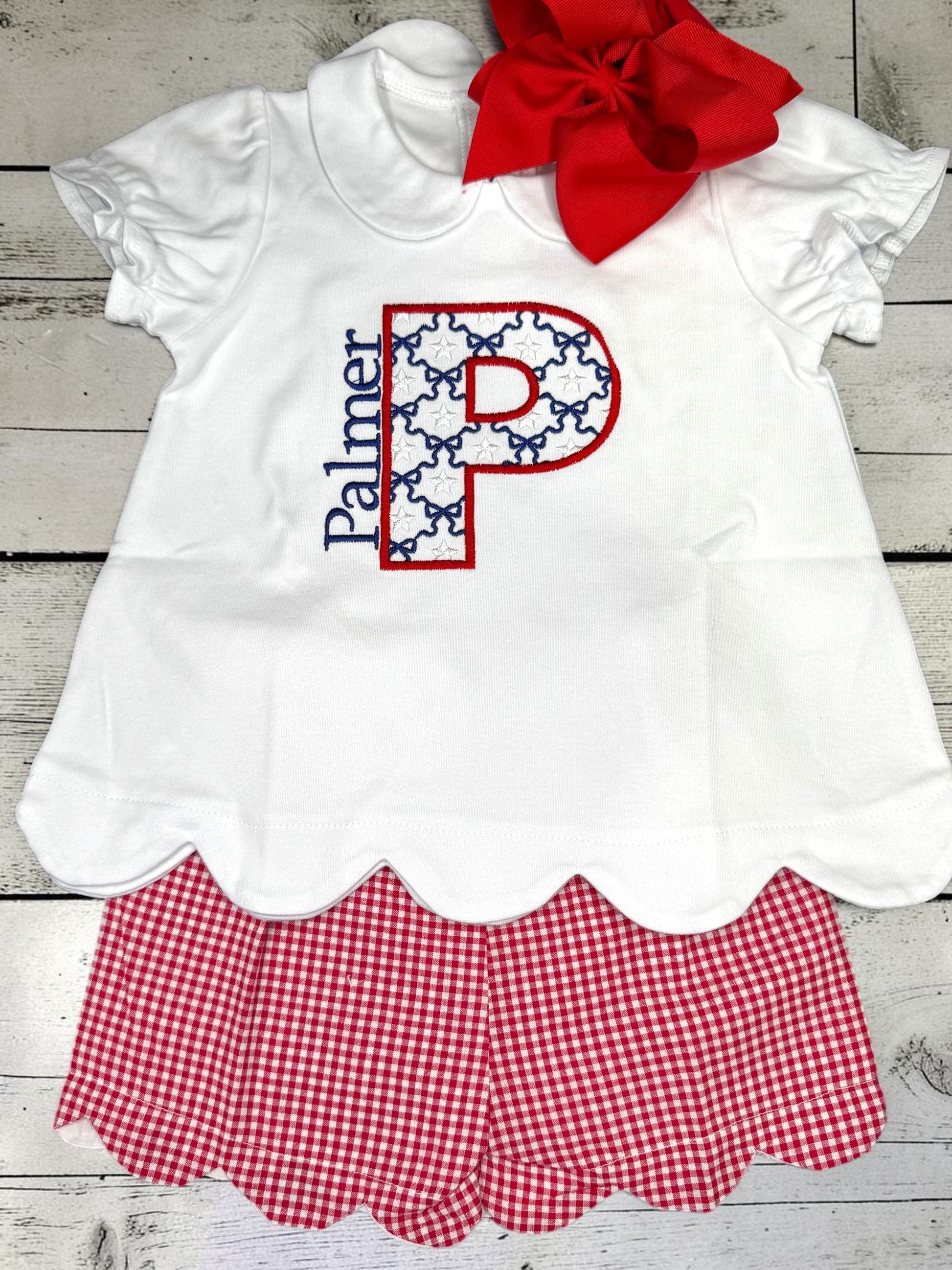 Patriotic Monogram Scallop Outfit | Personalized Girls Shirt | Red Gingham Scallop Shorts | Fourth of July Outfit | Custom Initial Set