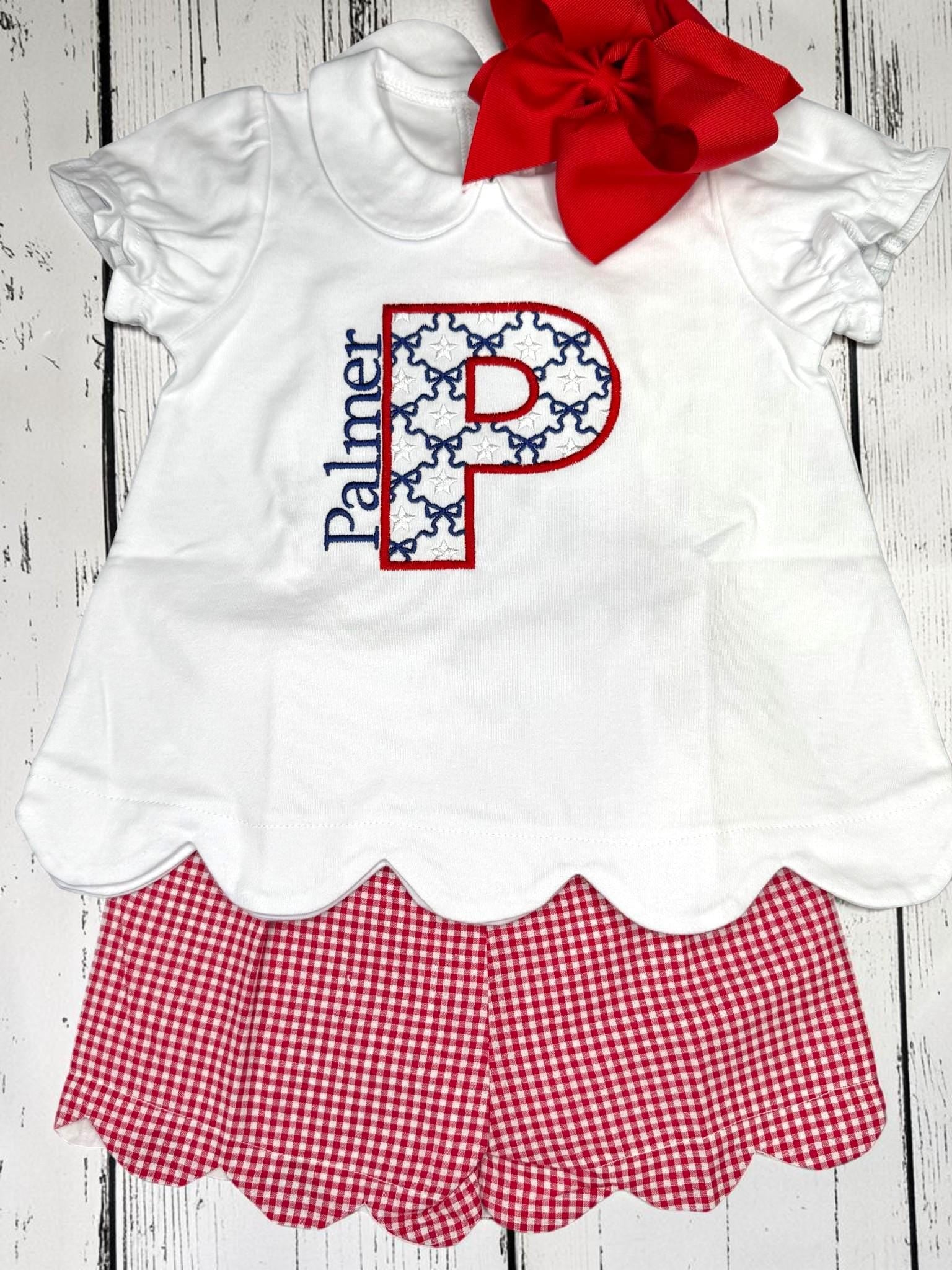 Patriotic Monogram Scallop Outfit | Personalized Girls Shirt | Red Gingham Scallop Shorts | Fourth of July Outfit | Custom Initial Set