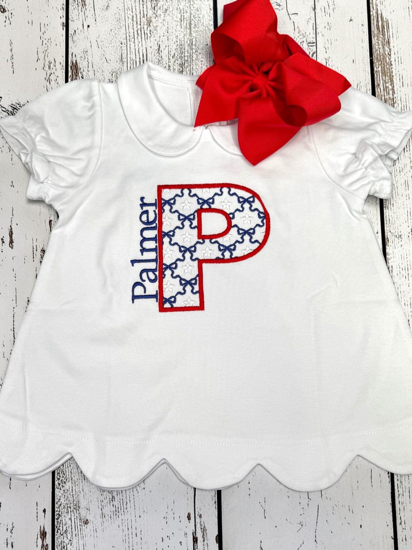 Patriotic Monogram Scallop Outfit | Personalized Girls Shirt | Red Gingham Scallop Shorts | Fourth of July Outfit | Custom Initial Set