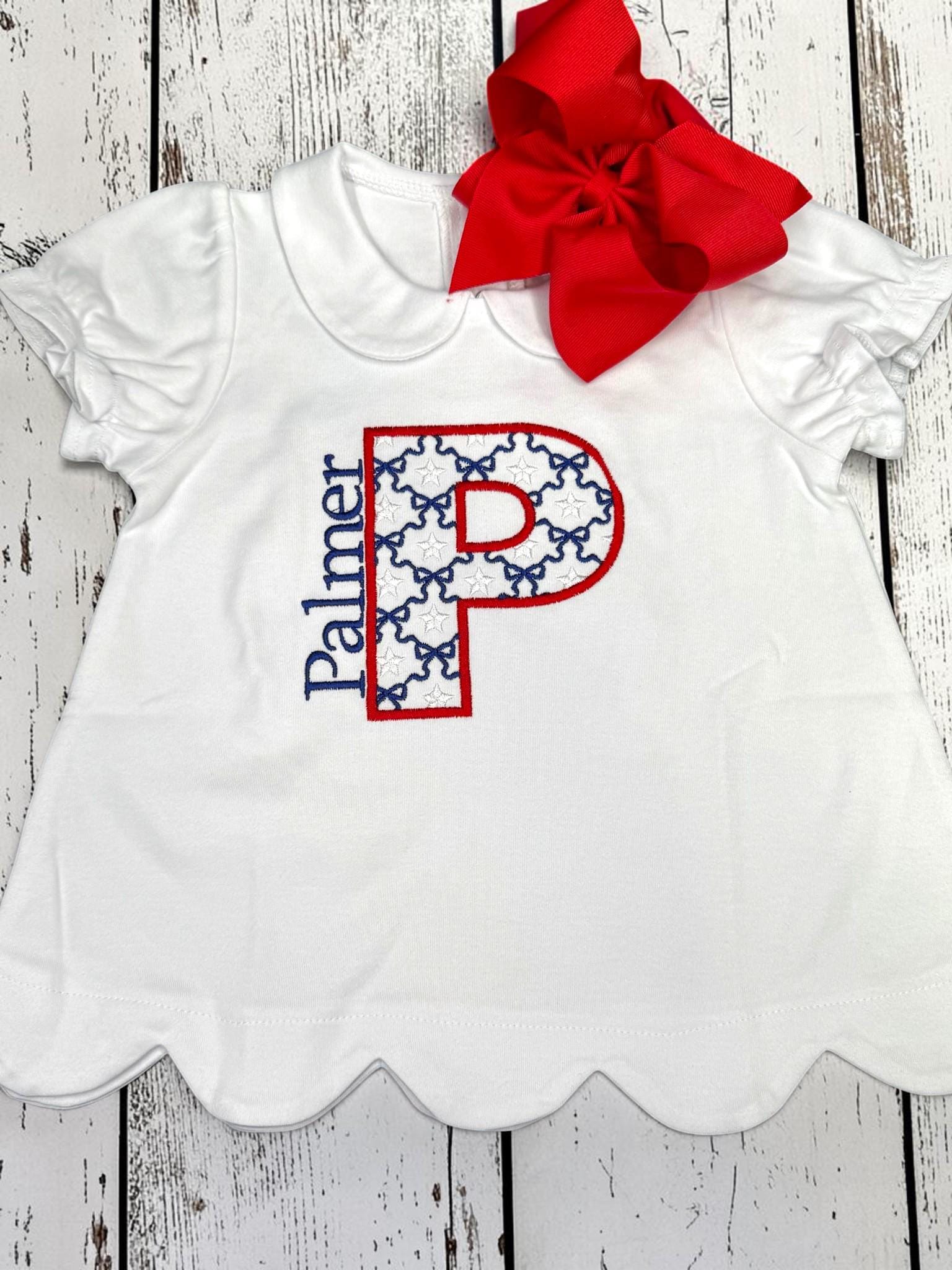 Patriotic Monogram Scallop Outfit | Personalized Girls Shirt | Red Gingham Scallop Shorts | Fourth of July Outfit | Custom Initial Set