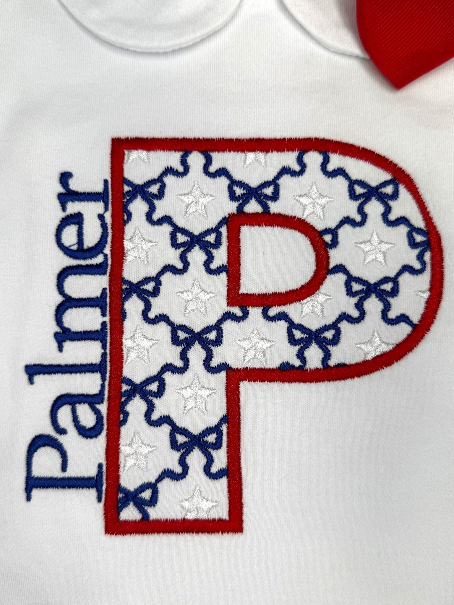 Patriotic Monogram Scallop Outfit | Personalized Girls Shirt | Red Gingham Scallop Shorts | Fourth of July Outfit | Custom Initial Set