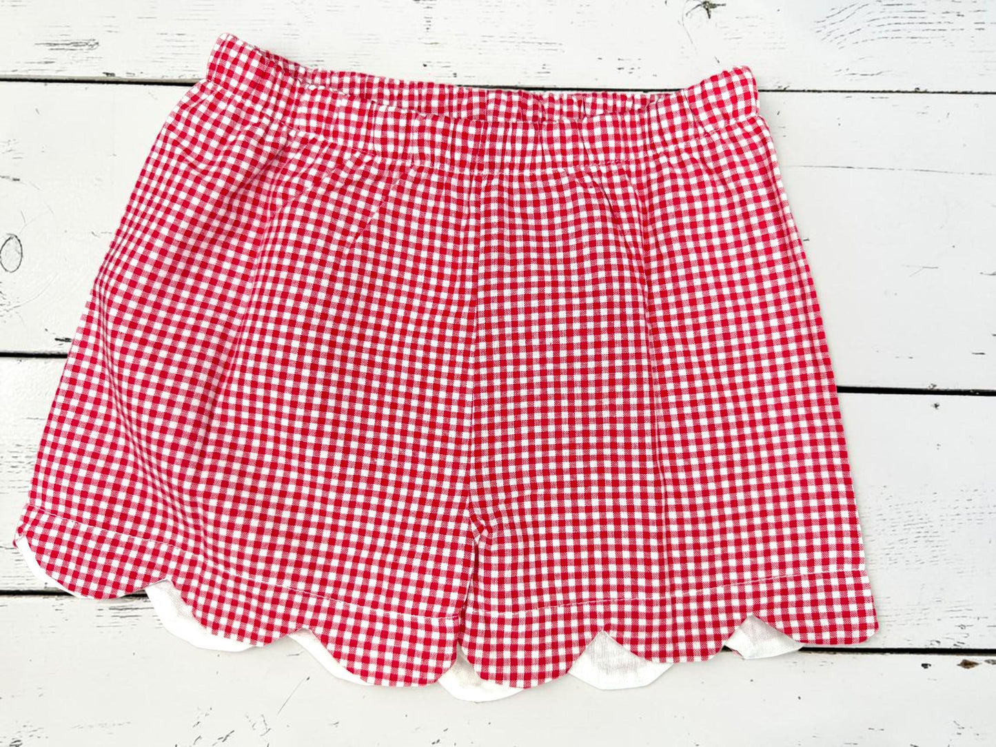 Personalized Monogram Scallop Short Set | Girls Boutique Outfit | Embroidered Name Shirt | Red Gingham Shorts