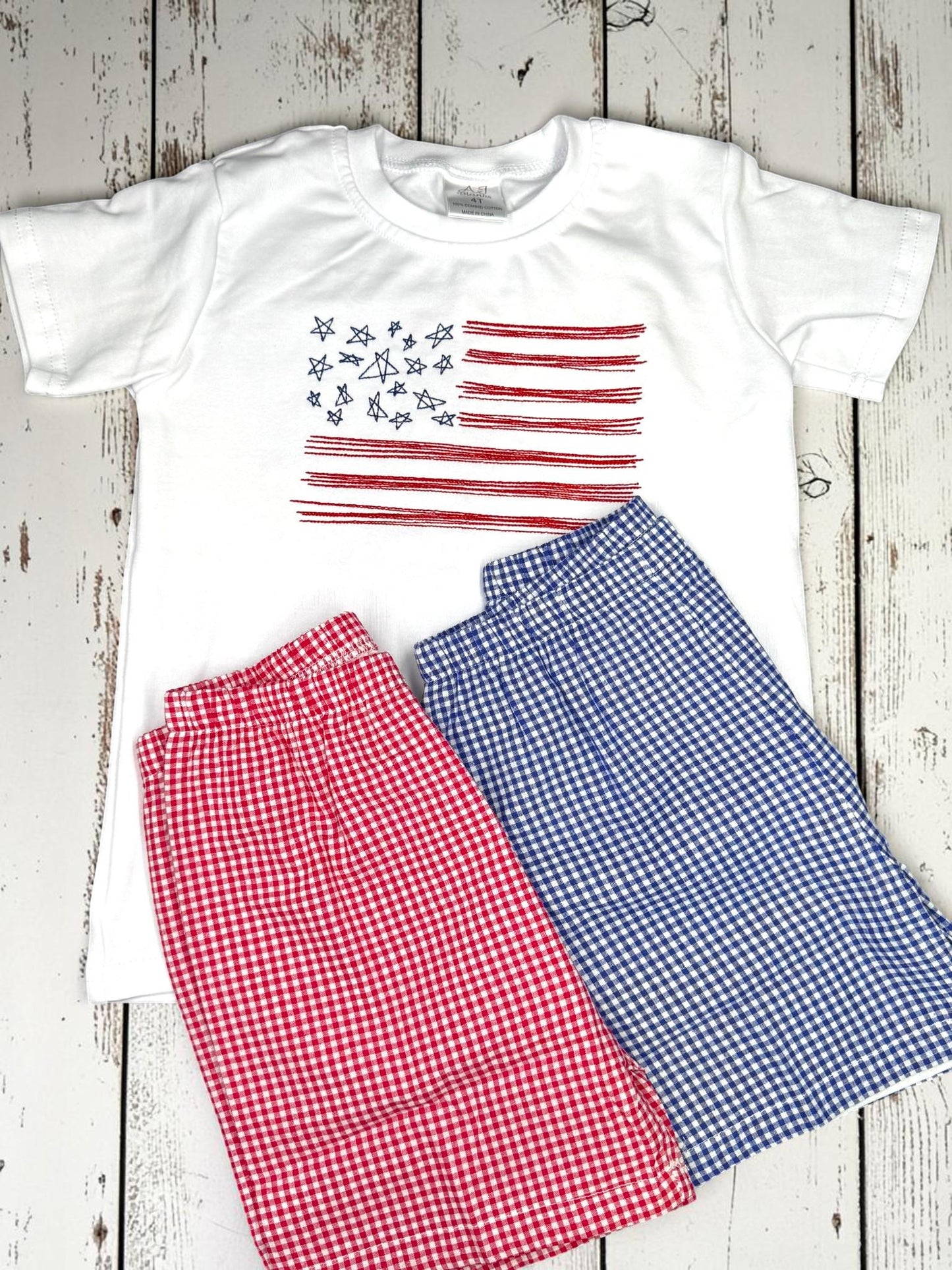 Patriotic Boys Short Set | Embroidered American Flag Shirt | Red or Blue Gingham Shorts | Fourth of July Outfit | Toddler Boy Summer Outfit