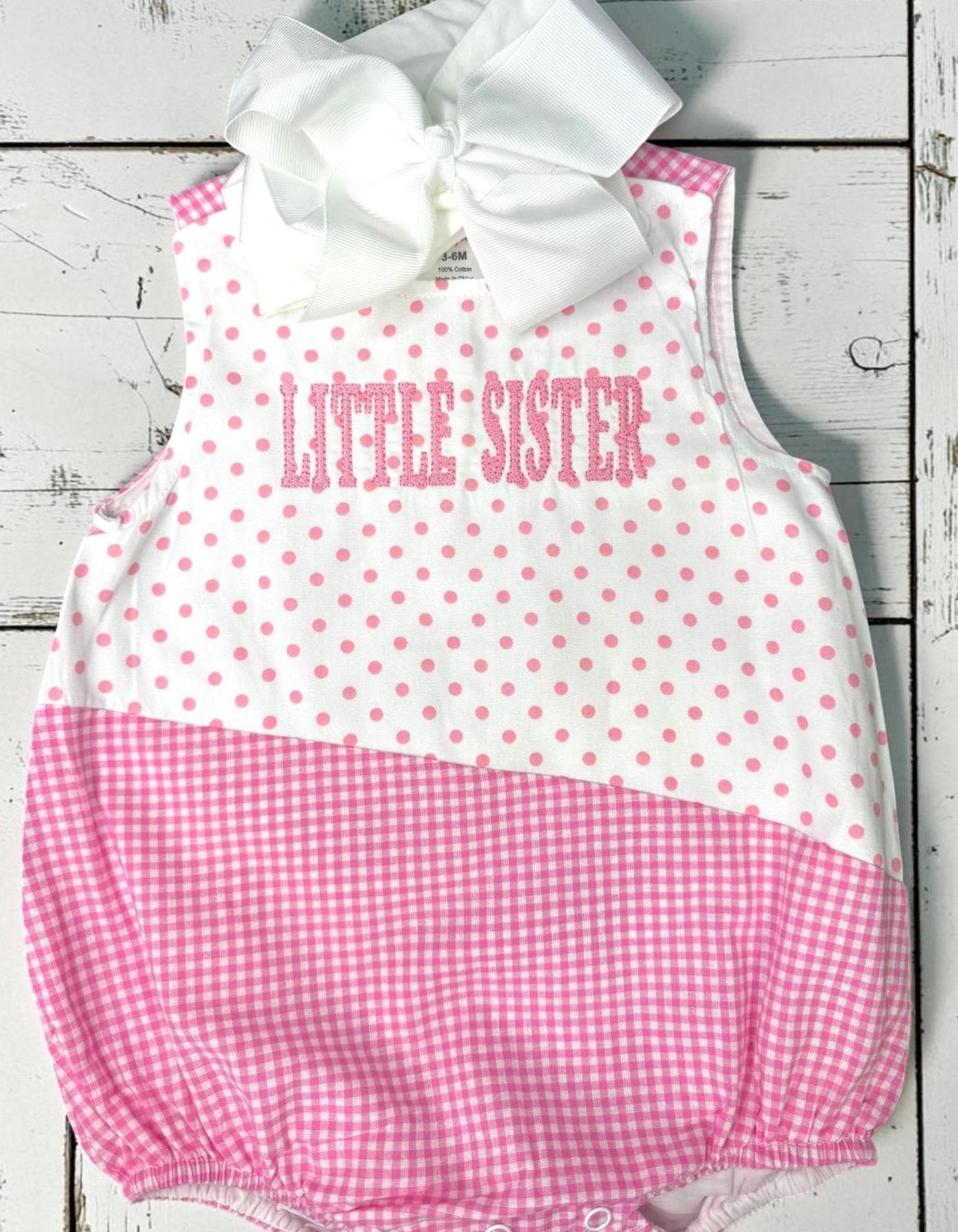 Embroidered Little Sister Bubble Romper | Pink Gingham Polka Dot Baby Girl Outfit