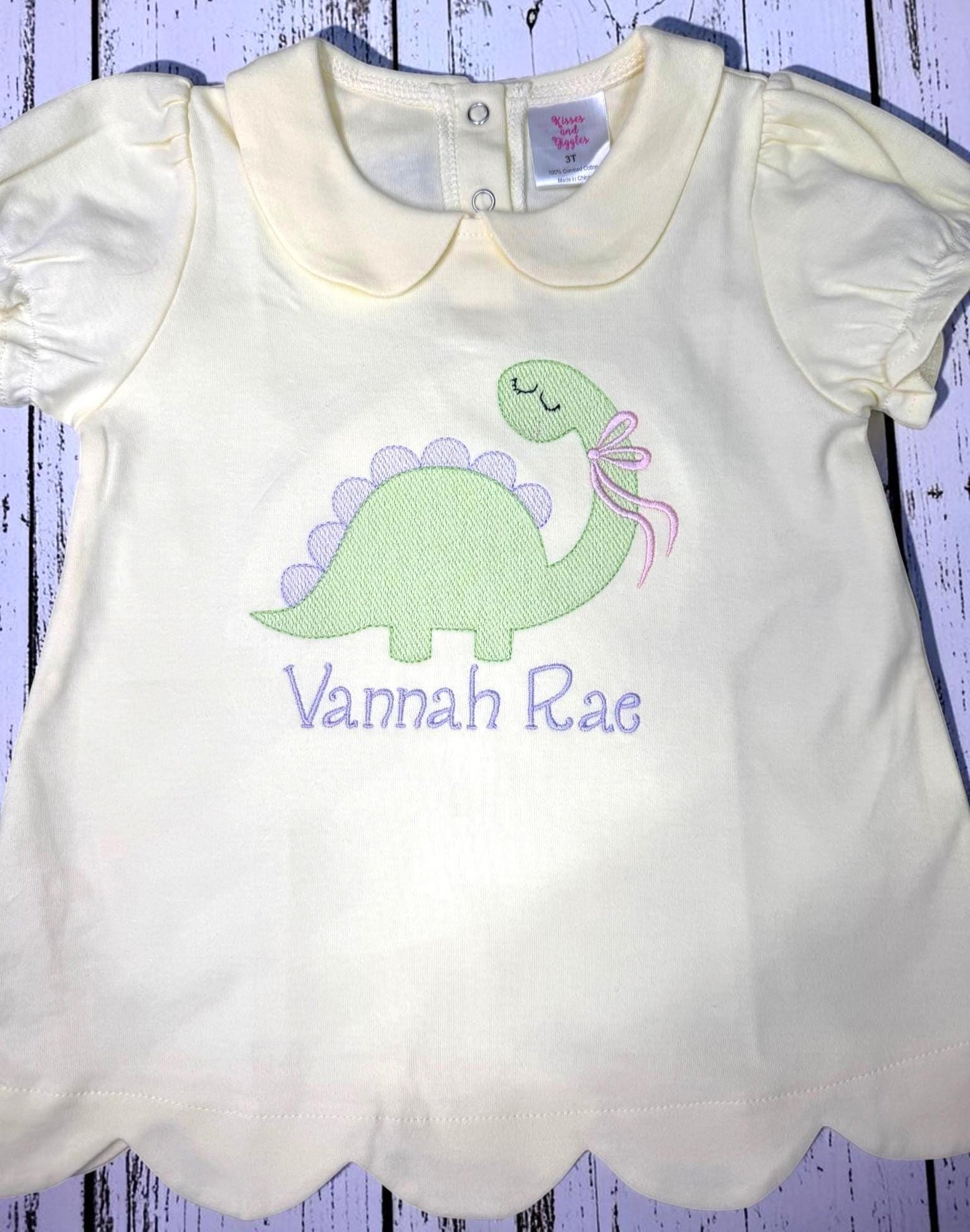 Personalized Dinosaur Girl Outfit, Scalloped Shirt, Gingham Shorts Set