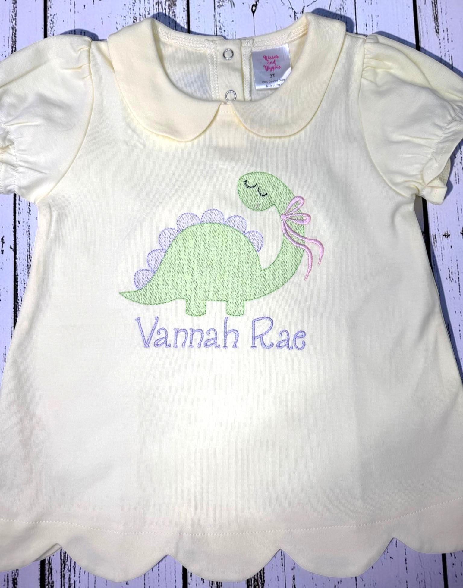 Personalized Dinosaur Girl Outfit, Scalloped Shirt, Gingham Shorts Set