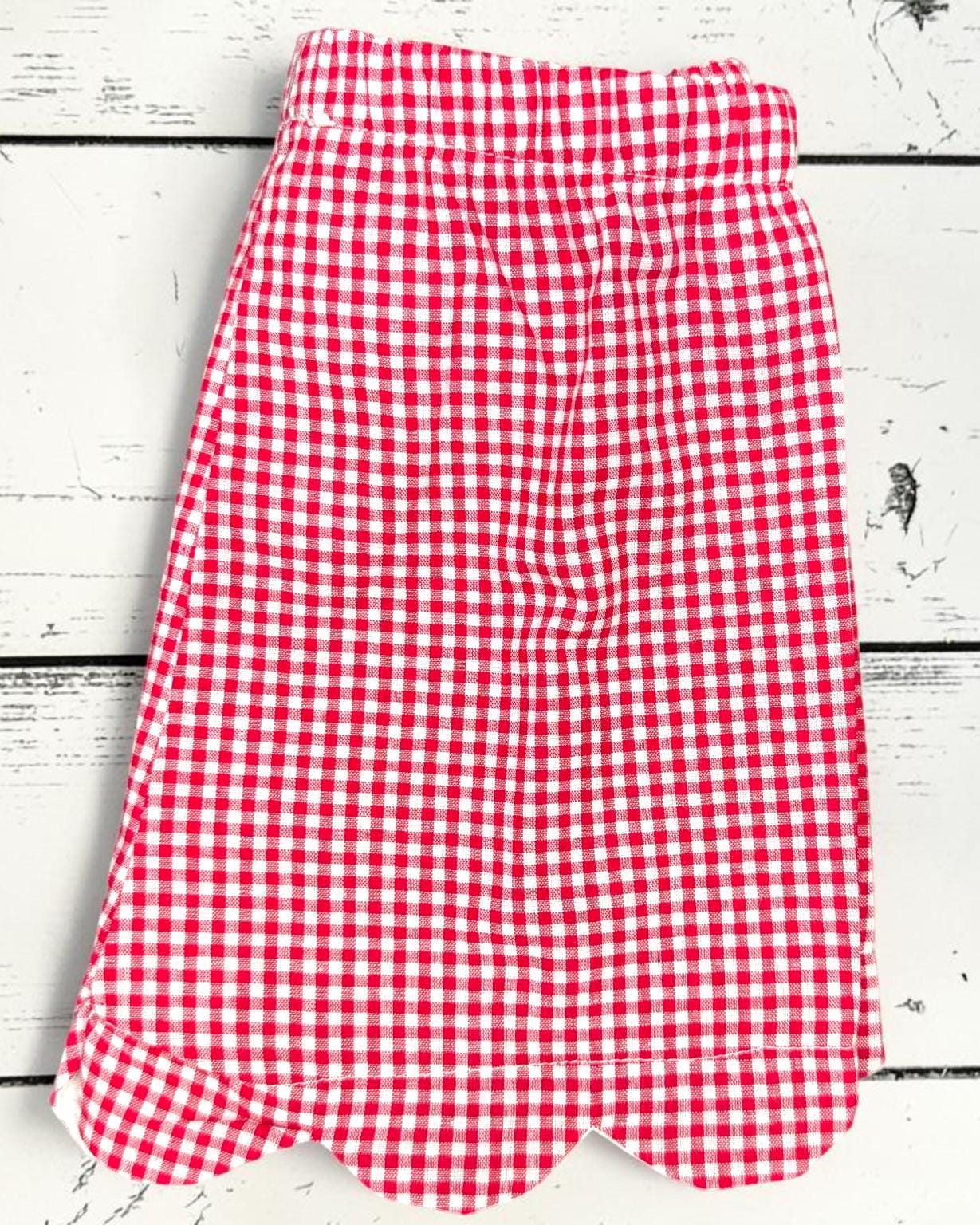 Patriotic Monogram Scallop Outfit | Personalized Girls Shirt | Red Gingham Scallop Shorts | Fourth of July Outfit | Custom Initial Set