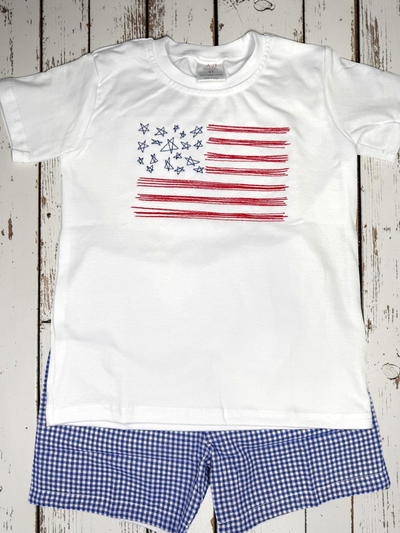 Patriotic Boys Short Set | Embroidered American Flag Shirt | Red or Blue Gingham Shorts | Fourth of July Outfit | Toddler Boy Summer Outfit