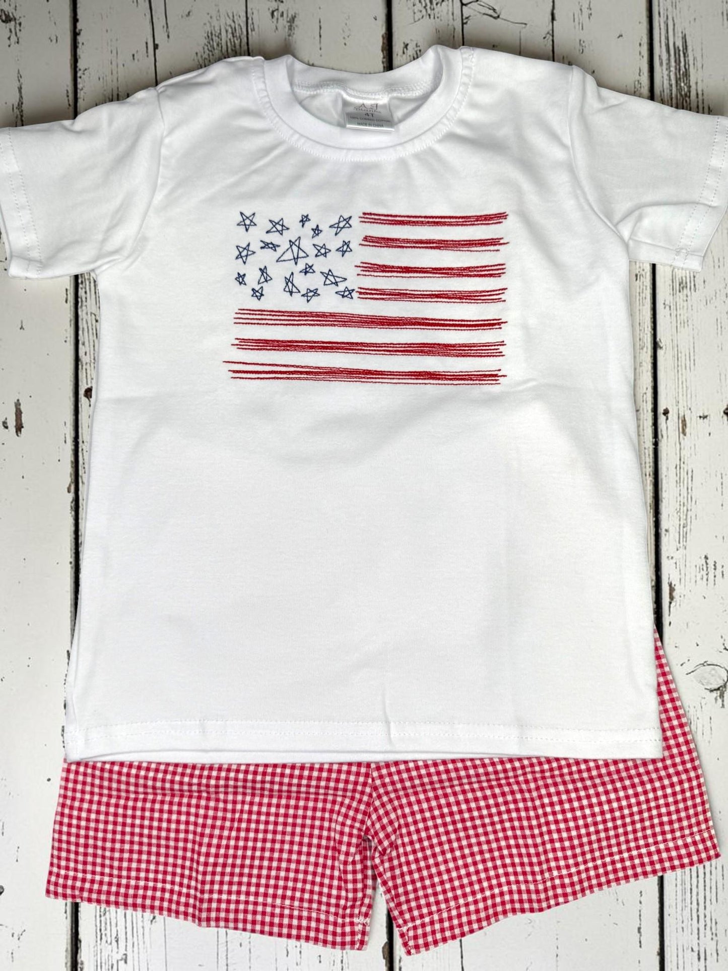 Patriotic Boys Short Set | Embroidered American Flag Shirt | Red or Blue Gingham Shorts | Fourth of July Outfit | Toddler Boy Summer Outfit