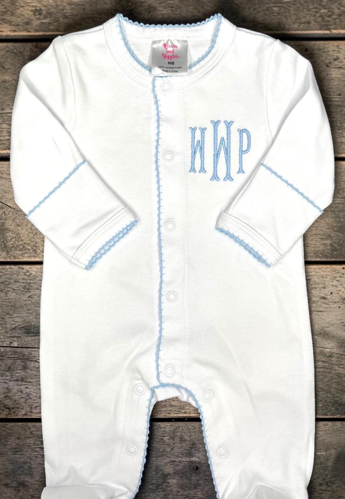Personalized Baby Footie with Blue Picot Trim, Monogrammed Newborn Boy Footed Sleeper, Classic Layette, Coming Home Outfit, Baby Shower Gift