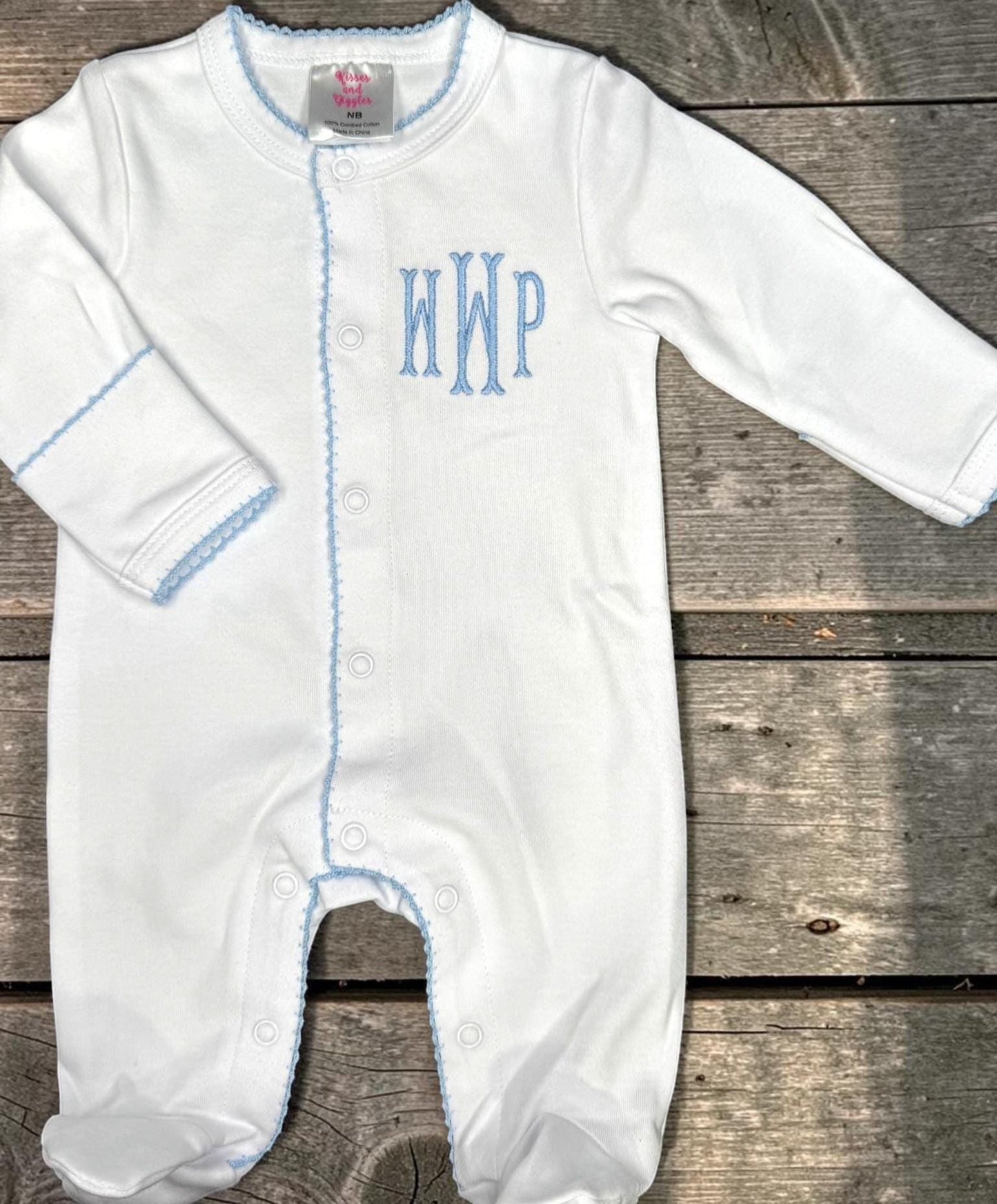 Personalized Baby Footie with Blue Picot Trim, Monogrammed Newborn Boy Footed Sleeper, Classic Layette, Coming Home Outfit, Baby Shower Gift