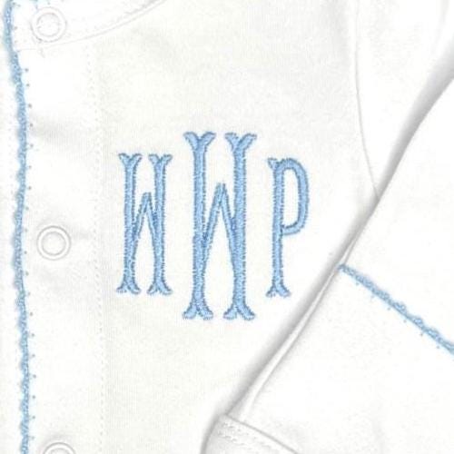 Personalized Baby Footie with Blue Picot Trim, Monogrammed Newborn Boy Footed Sleeper, Classic Layette, Coming Home Outfit, Baby Shower Gift