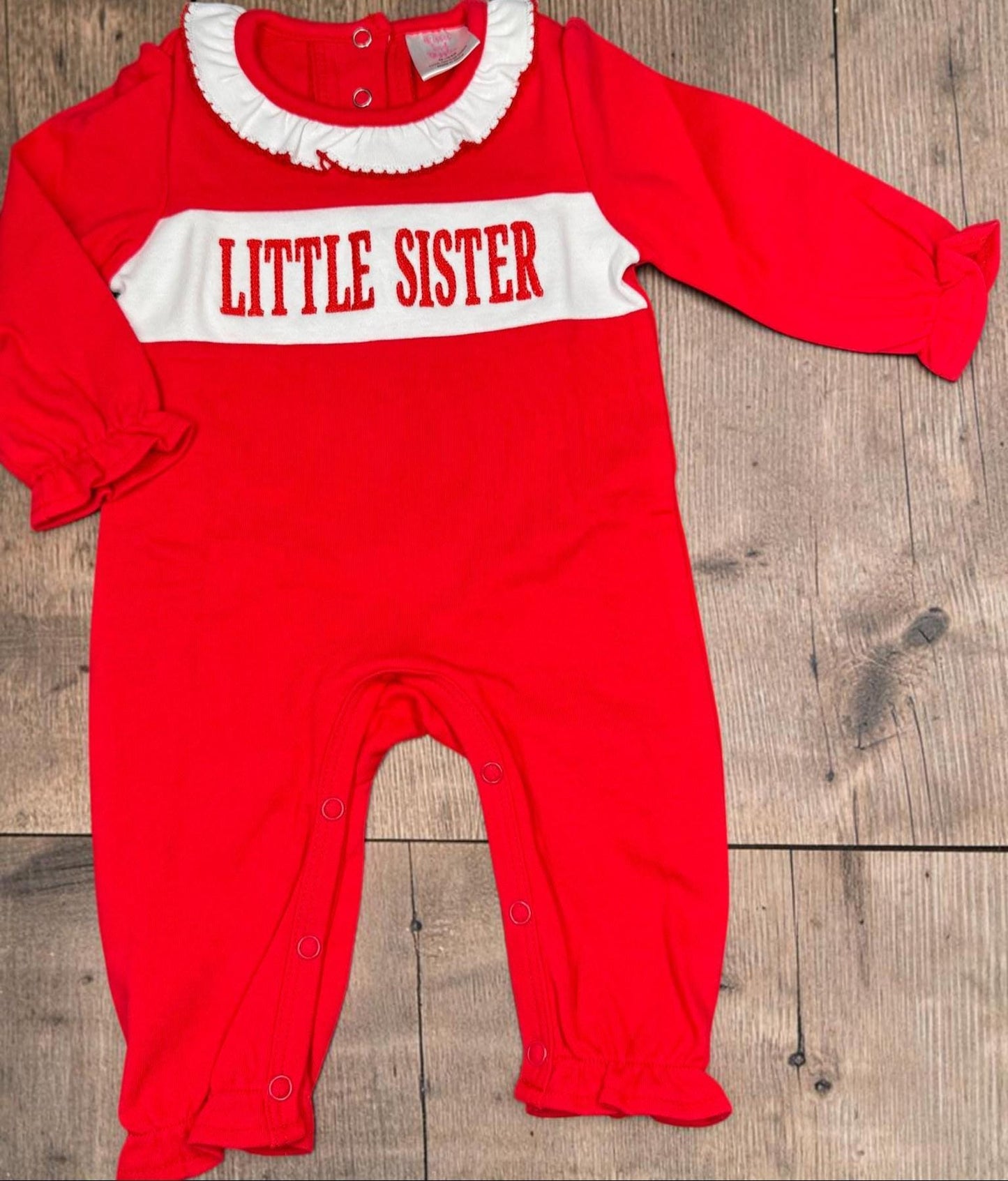 Little Sister Embroidered Baby Romper | Red Baby Girl Outfit | Sibling Announcement | Infant One Piece