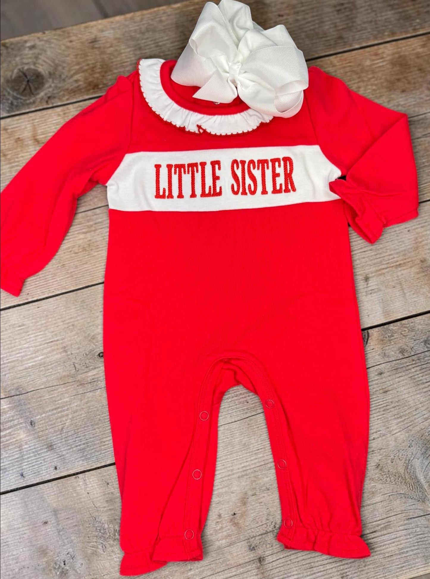 Little Sister Embroidered Baby Romper | Red Baby Girl Outfit | Sibling Announcement | Infant One Piece